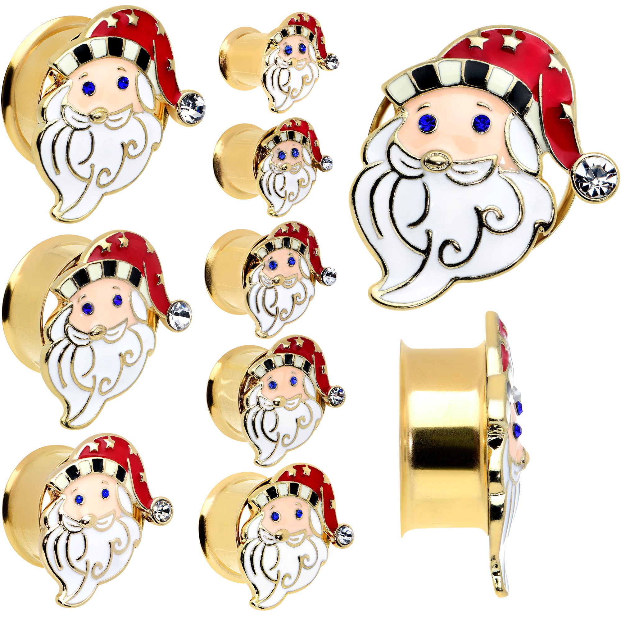 Color Gem Gold Tone Snazzy Santa Christmas Double Flare Plug Set