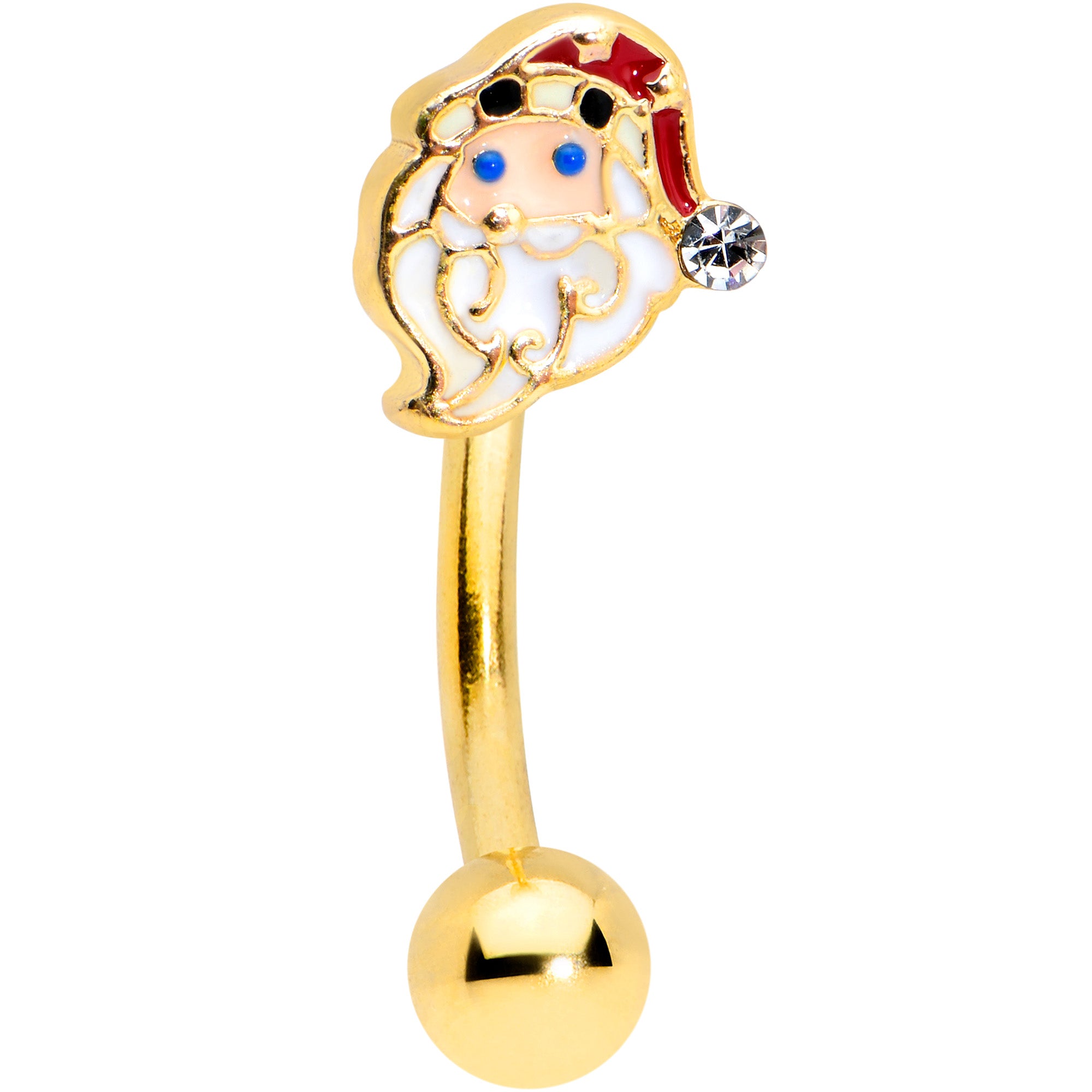 16G 5/16 Clear Gem Gold Tone Santa Christmas Curved Eyebrow Ring