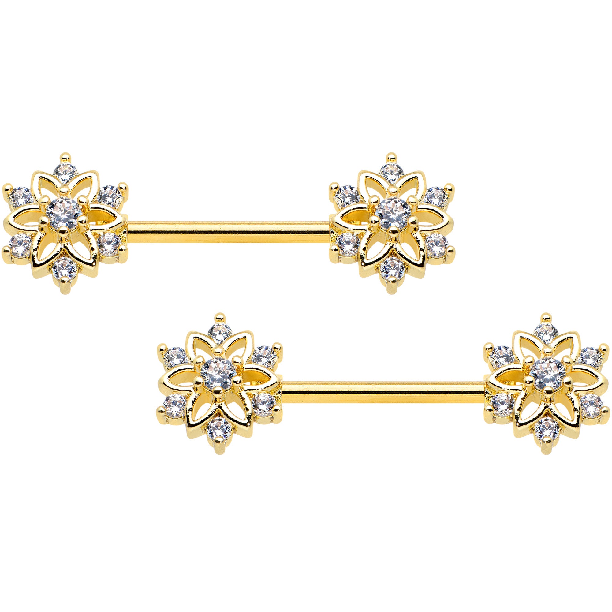 14G 9/16 Clear Gem Gold Tone Flower Snowflake Christmas Nipple Ring Set