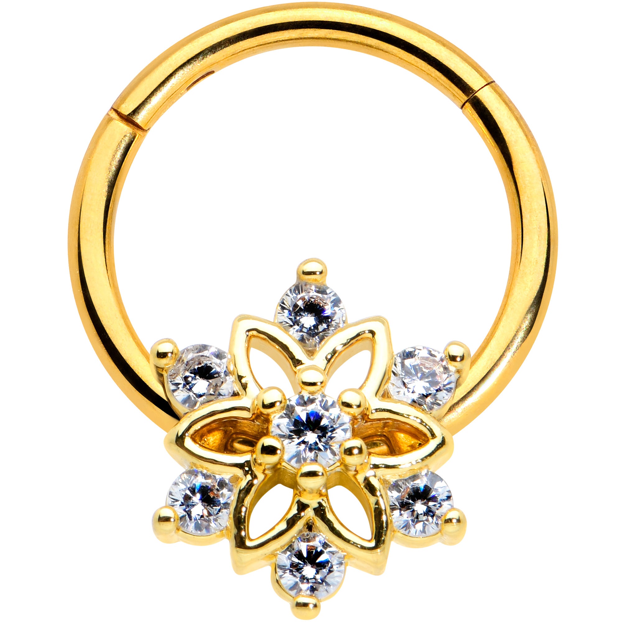 16G 3/8 Clear Gold Tone Flower Snowflake Christmas Hinged Segment Ring