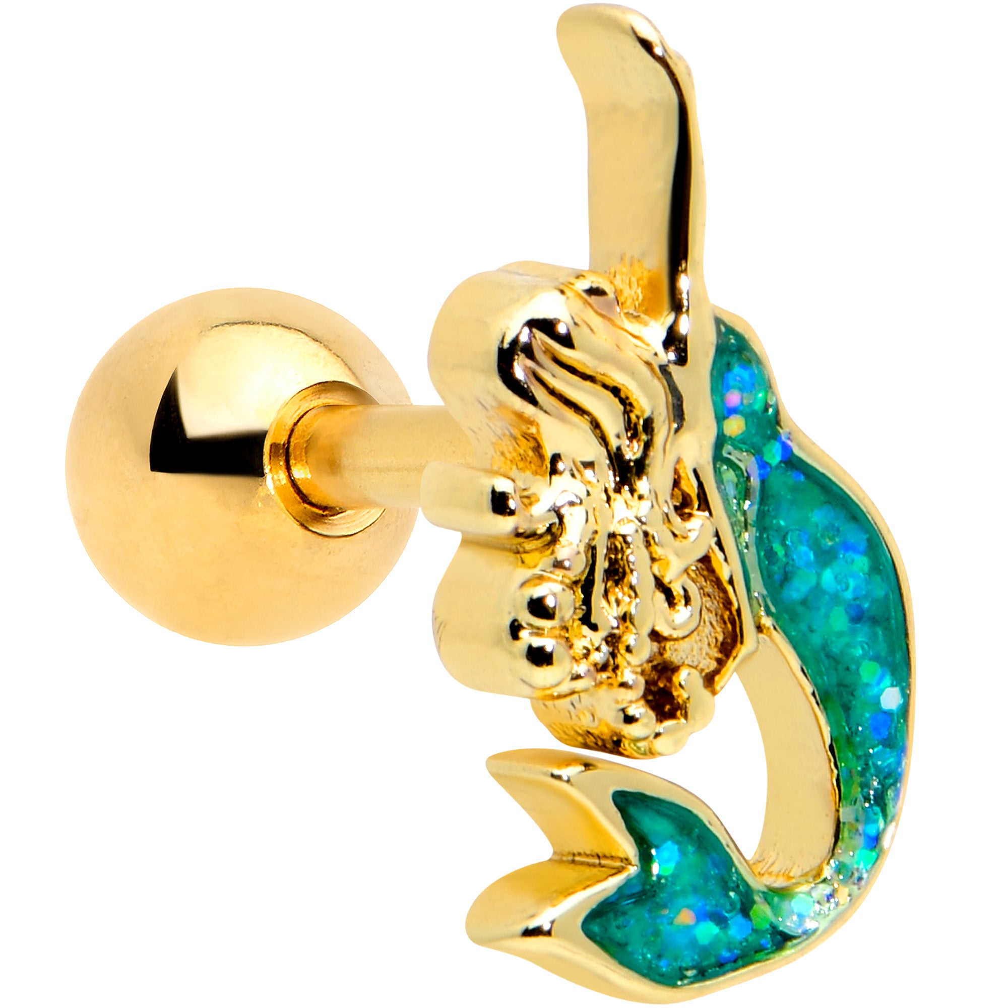 16G 1/4 Green Faux Opal Gold Hue Curvy Mermaid Cartilage Tragus