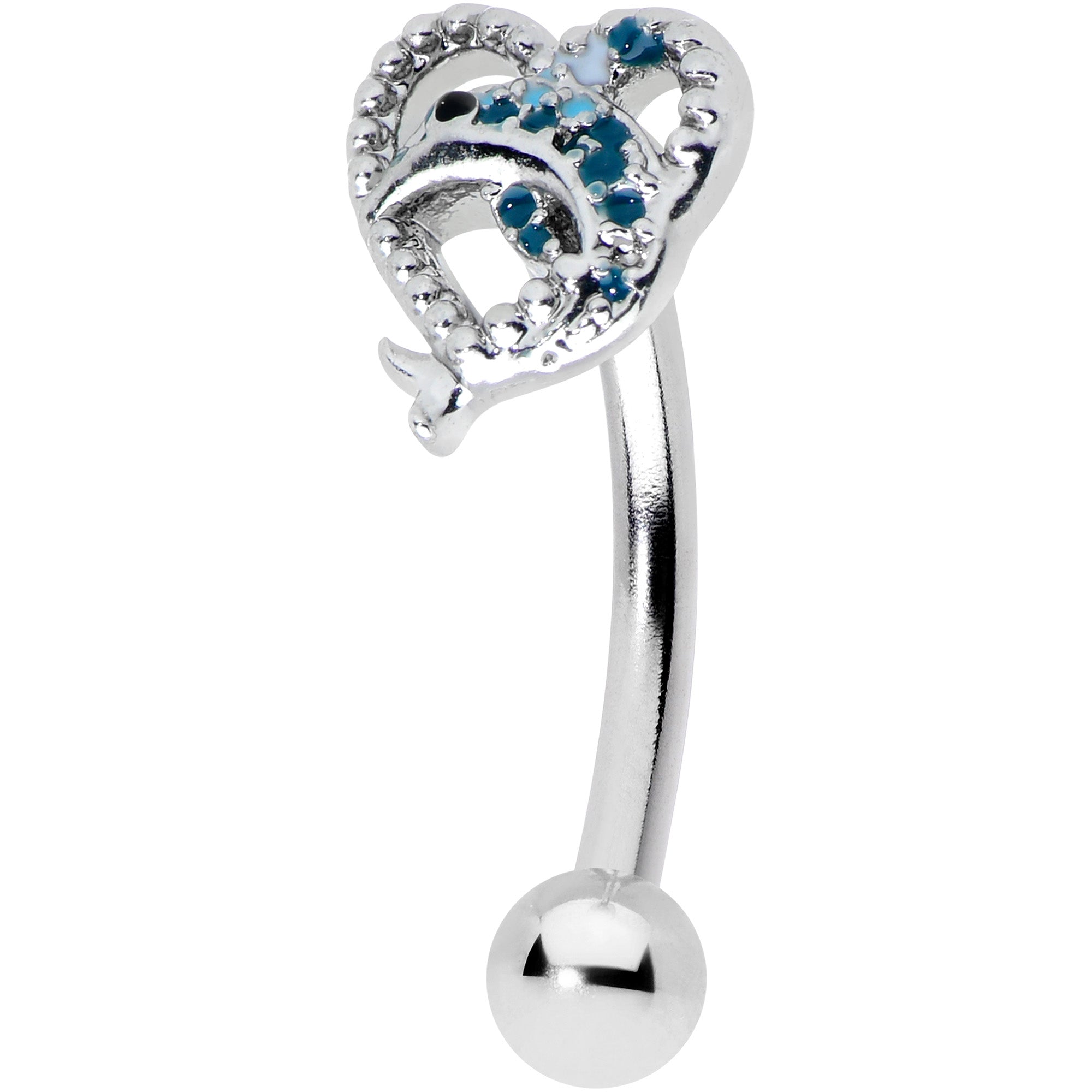 16G 5/16 Blue Dolphin Heart Curved Eyebrow Ring