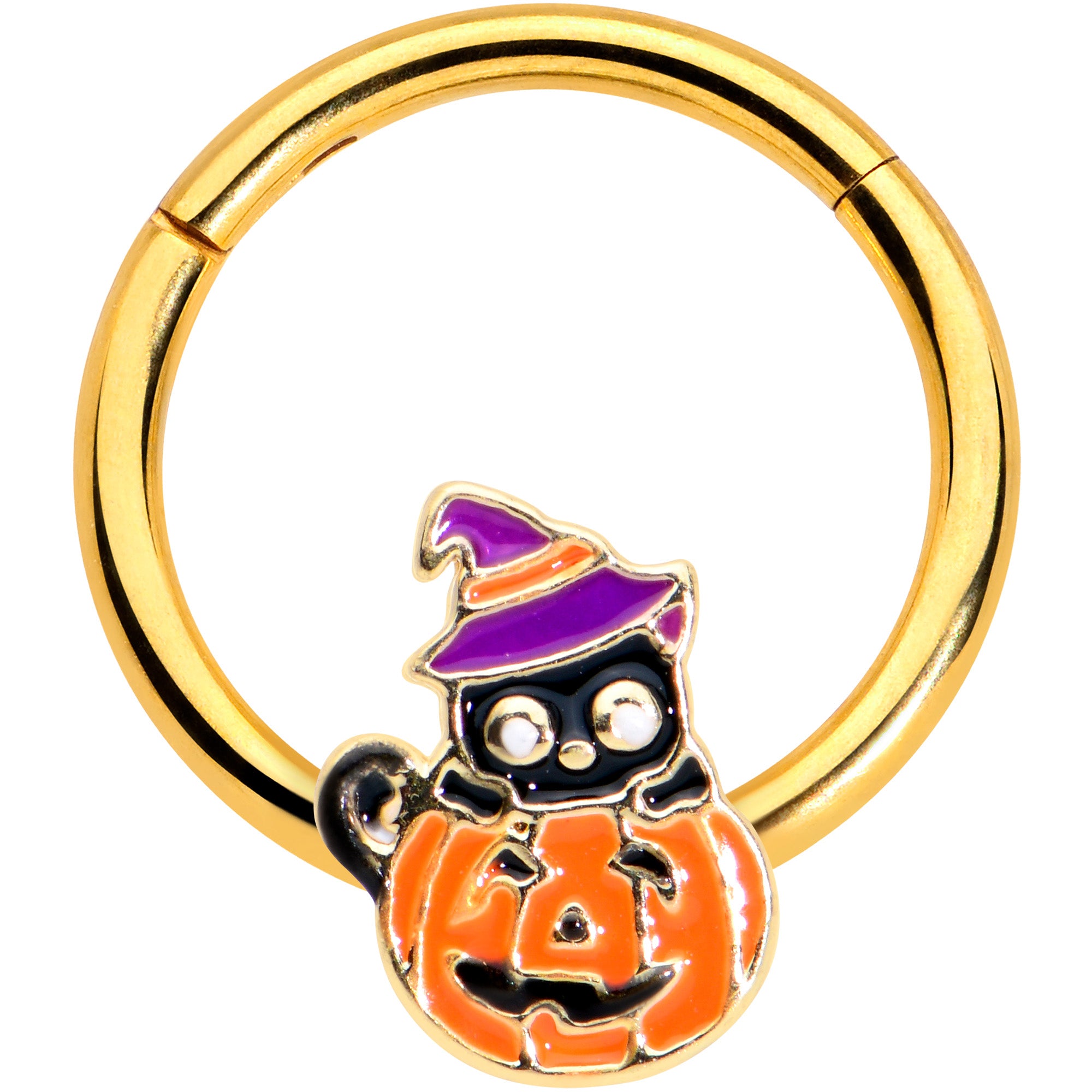 16G 3/8 Gold Tone Black Cat Witch Pumpkin Hinged Segment Ring