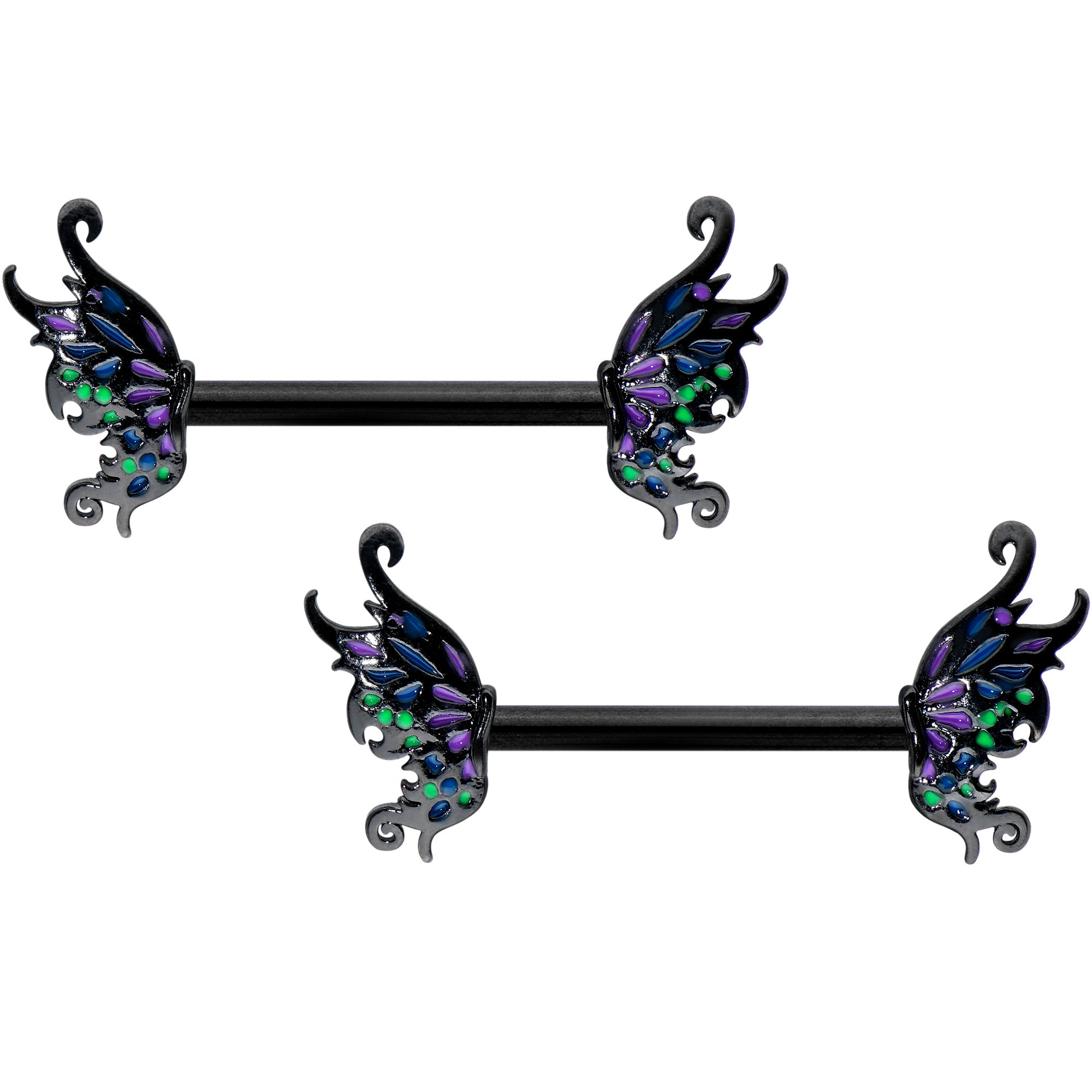 14G 1/2 Black Faerie Wings Fantasy Barbell Nipple Ring Set