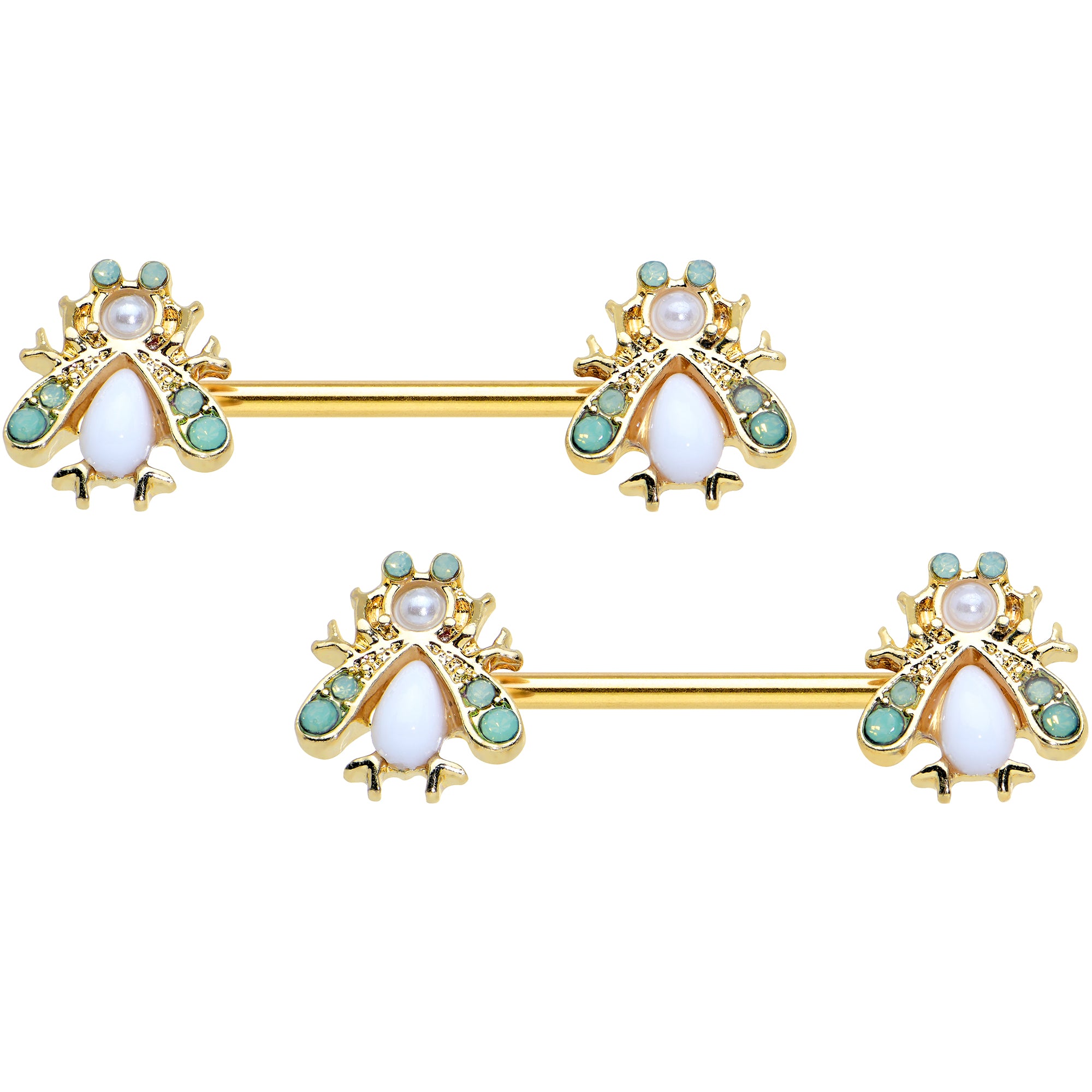 14G 5/8 White Gem Gold Tone Snow Bug Barbell Nipple Ring Set
