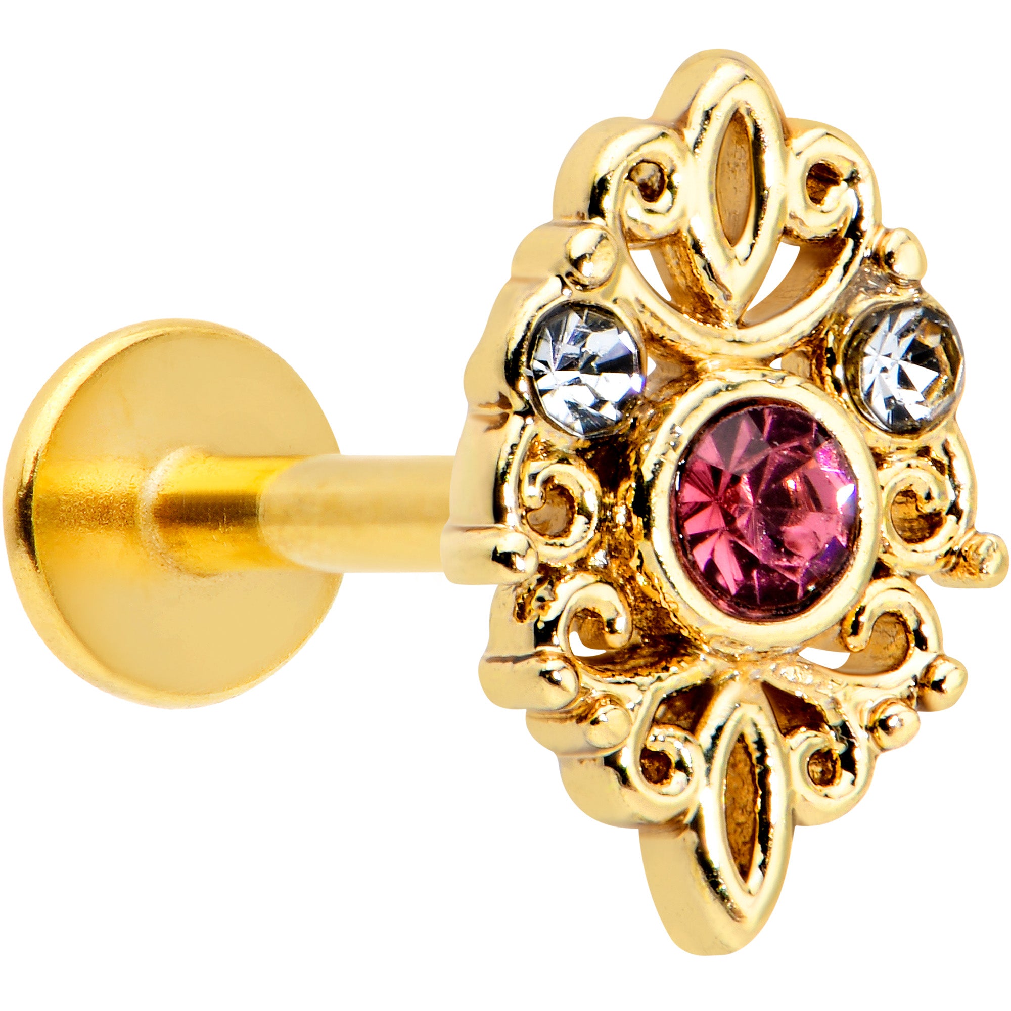 16G 5/16 Pink Clear Gem Gold Tone Lace Love Labret Monroe Tragus