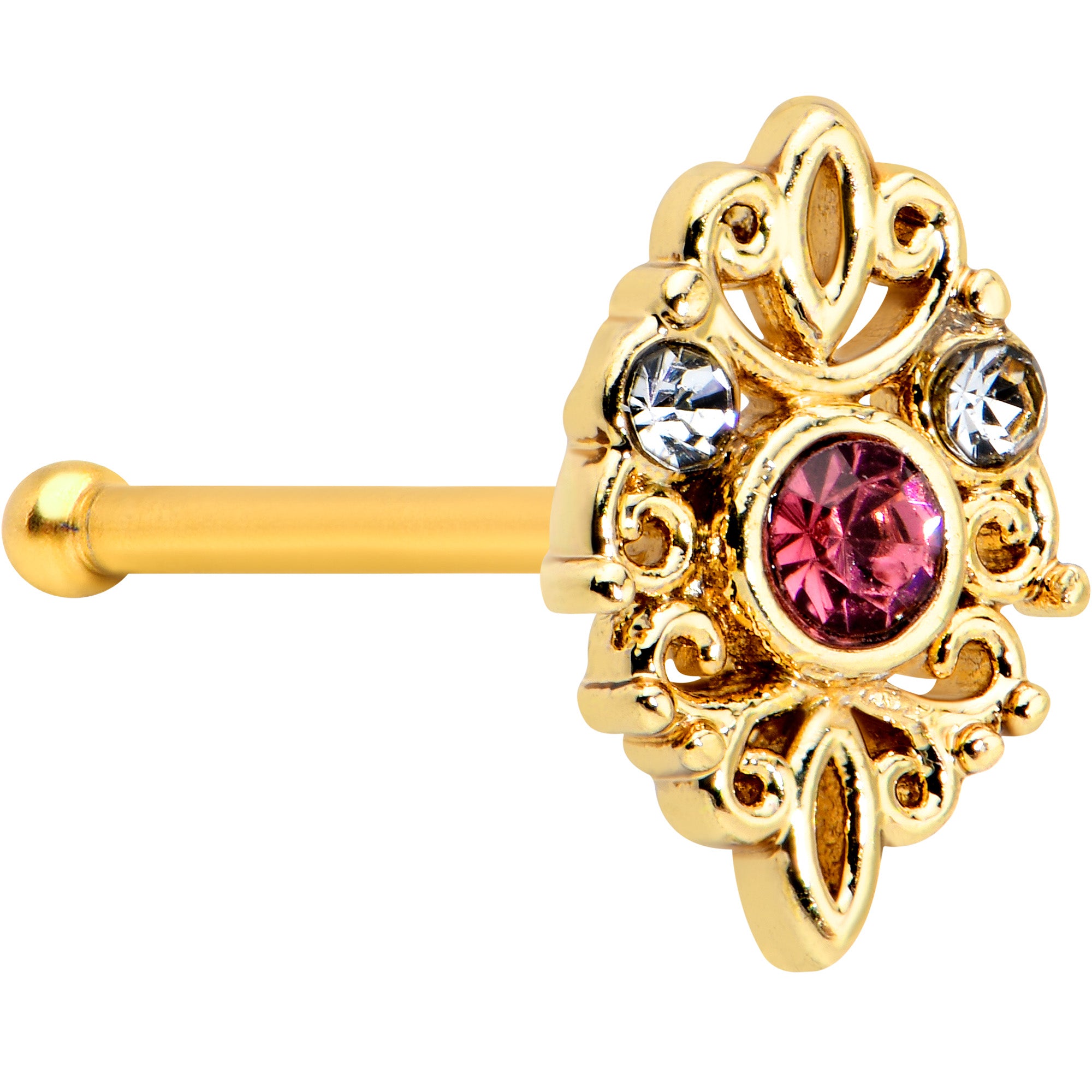 20G 1/4 Pink Clear Gem Gold Tone Lace Love Nose Bone