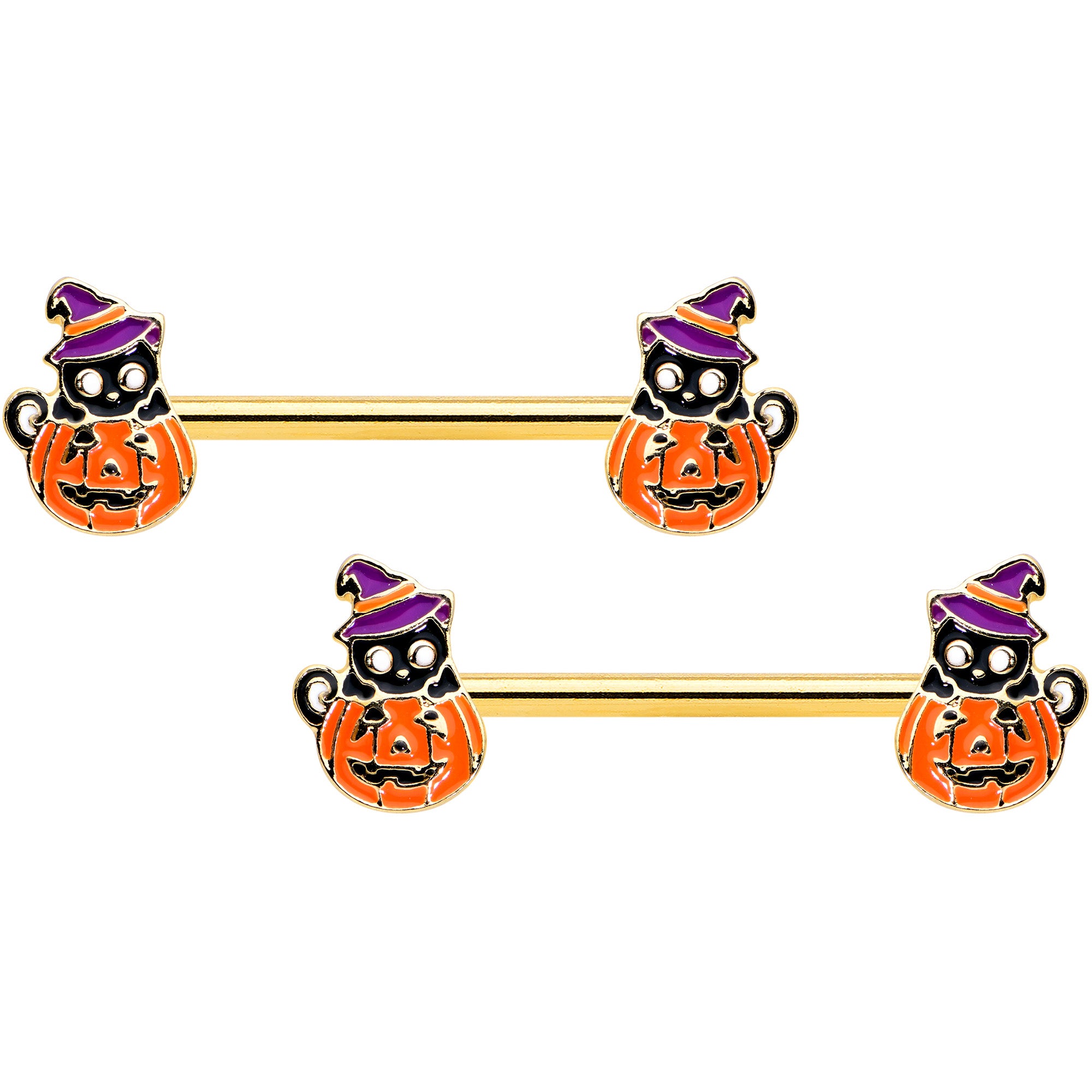 14G 9/16 Gold Hue Black Witch Cat Pumpkin Barbell Nipple Ring Set