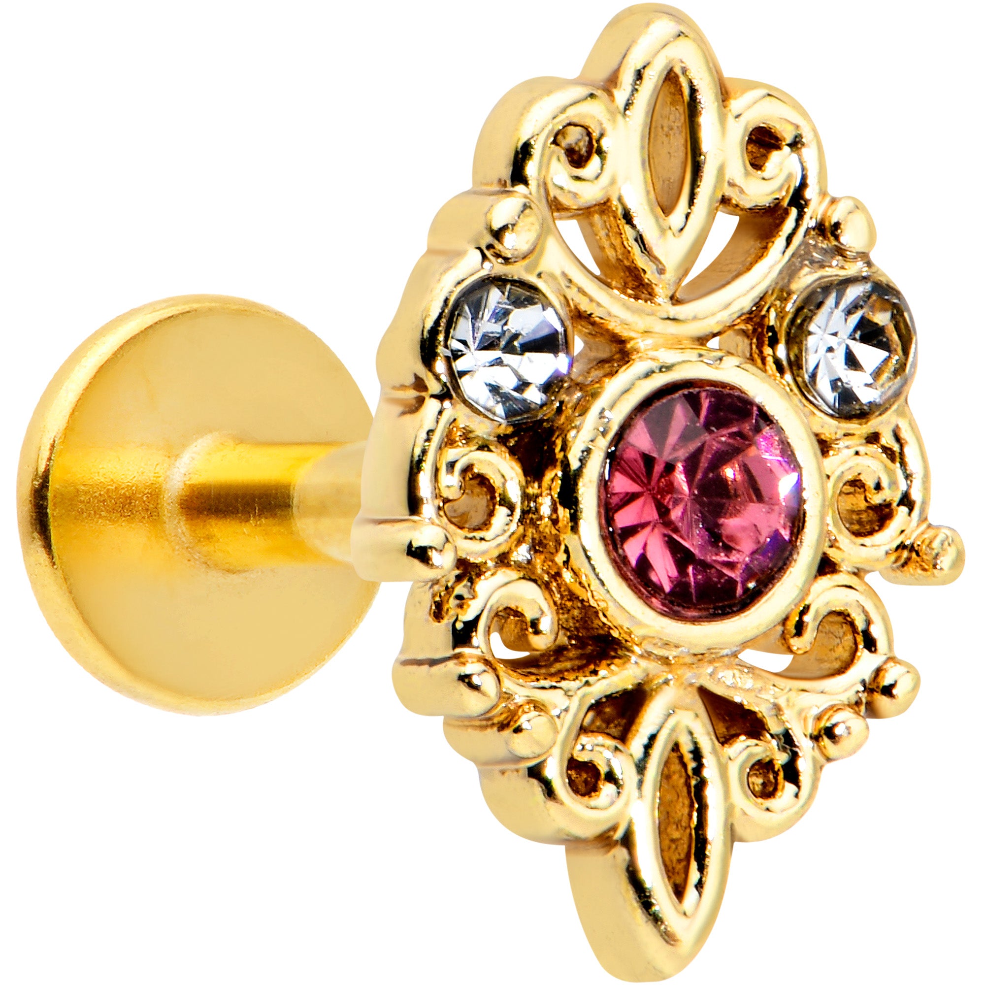 16G 1/4 Pink Clear Gem Gold Tone Lace Love Labret Monroe Tragus