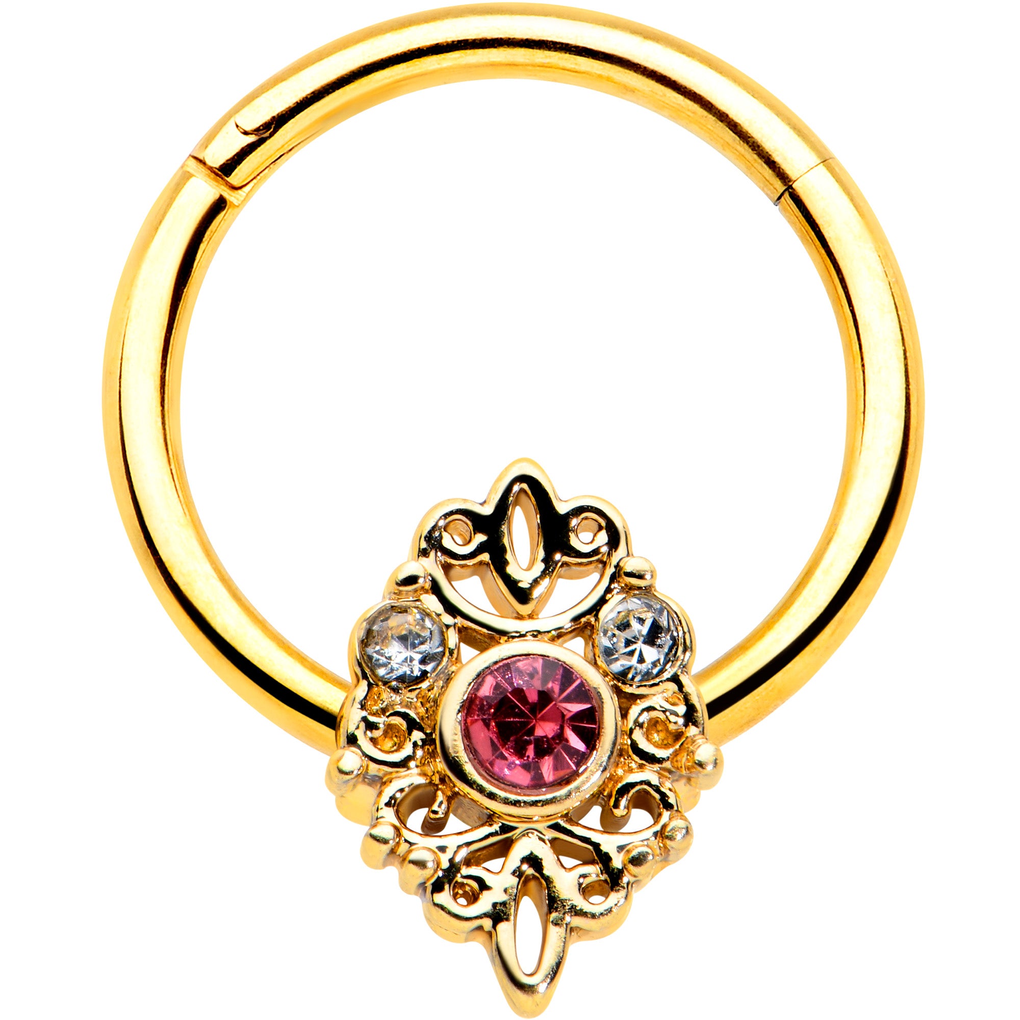 16G 3/8 Pink Clear Gem Gold Tone Lace Love Hinged Segment Ring