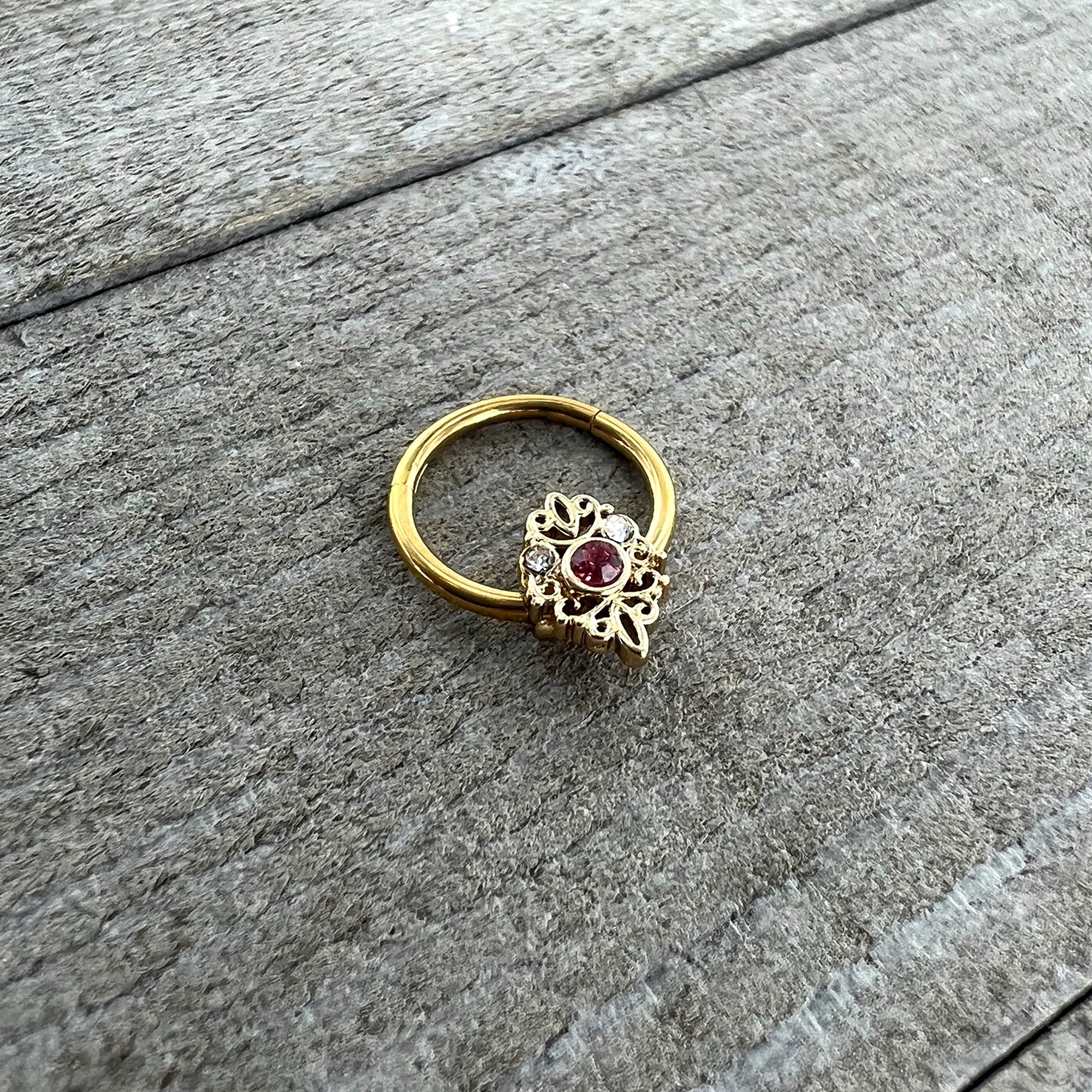 16G 3/8 Pink Clear Gem Gold Tone Lace Love Hinged Segment Ring