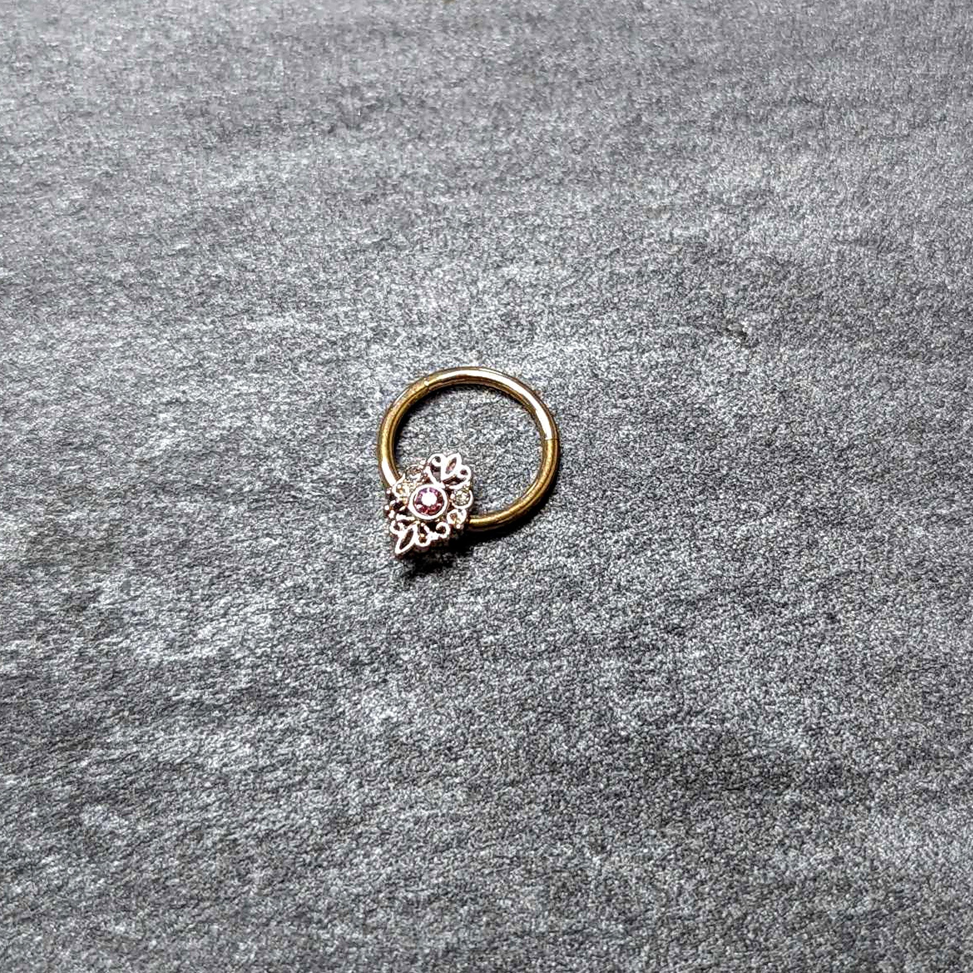 16G 3/8 Pink Clear Gem Gold Tone Lace Love Hinged Segment Ring