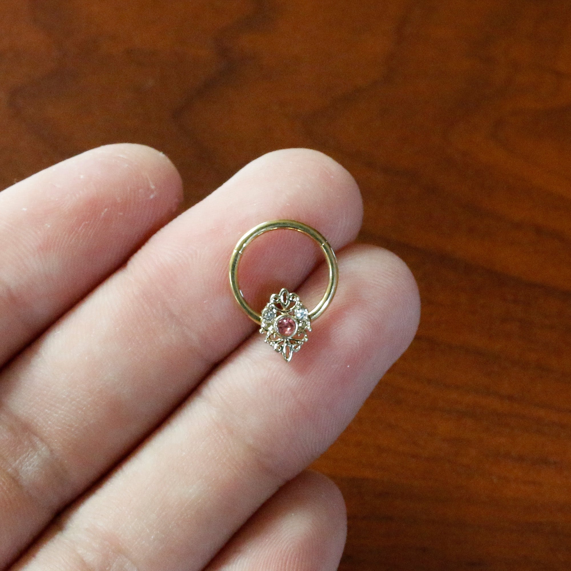 16G 3/8 Pink Clear Gem Gold Tone Lace Love Hinged Segment Ring