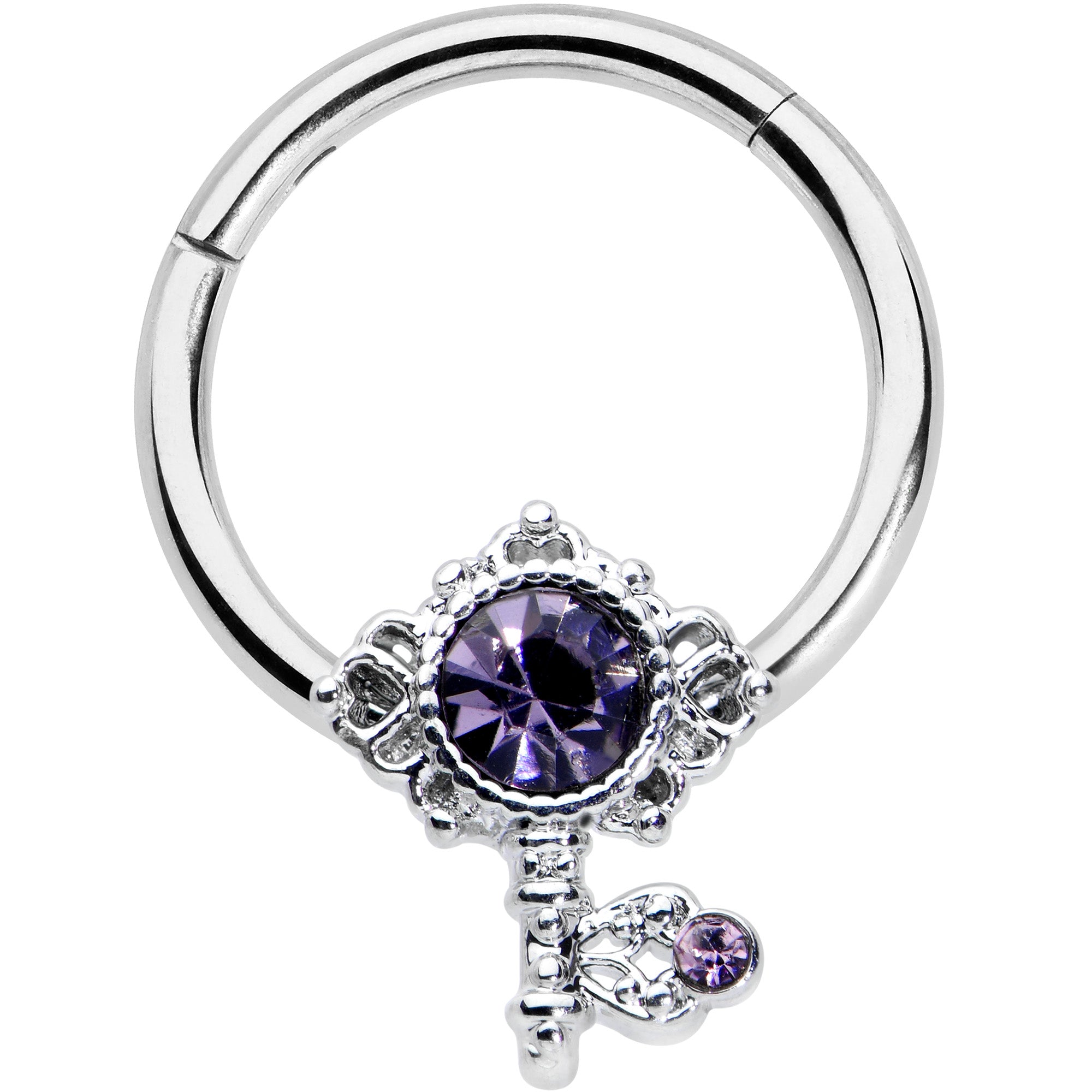 16G 3/8 Purple Gem Unlock My Heart Key Hinged Segment Ring