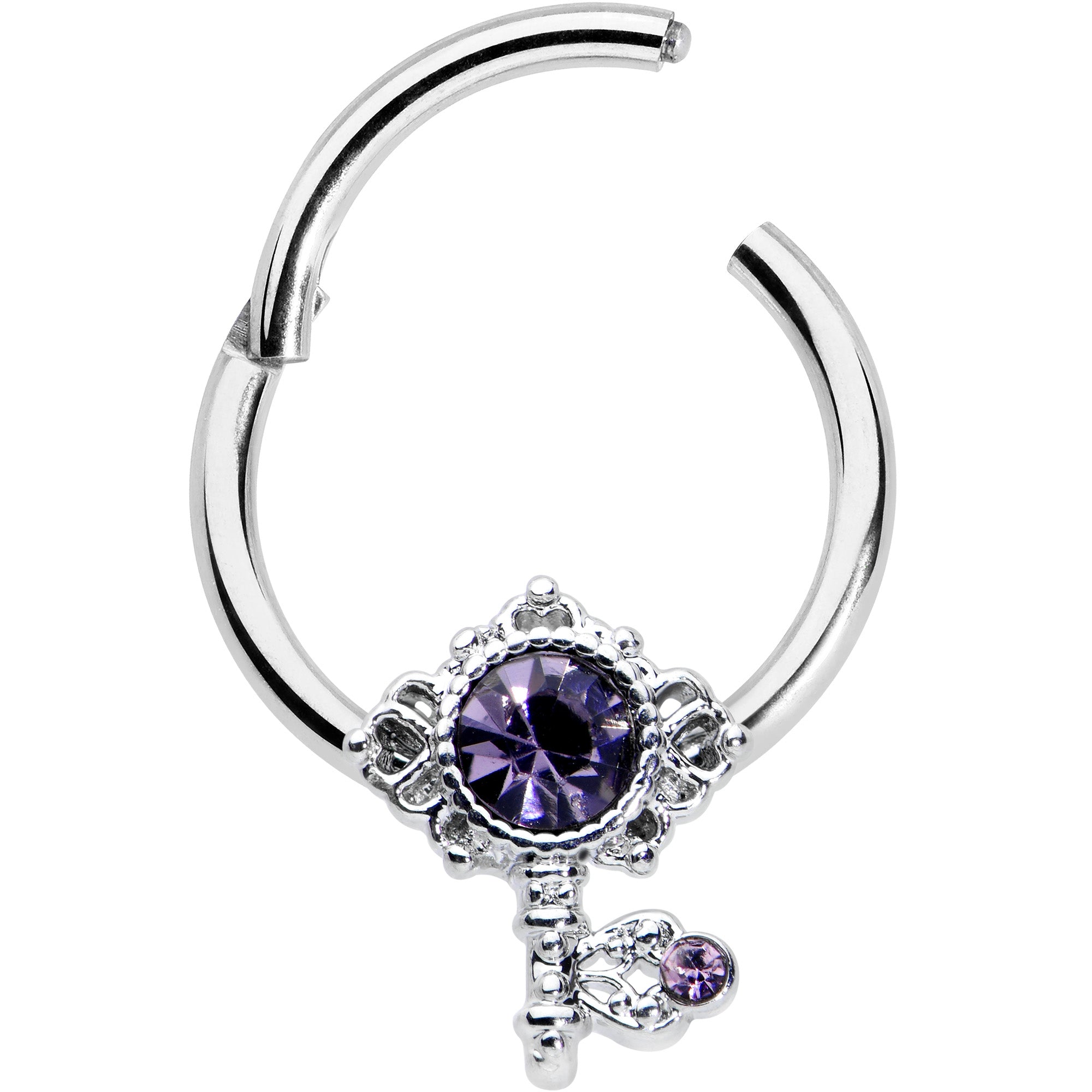 16G 3/8 Purple Gem Unlock My Heart Key Hinged Segment Ring