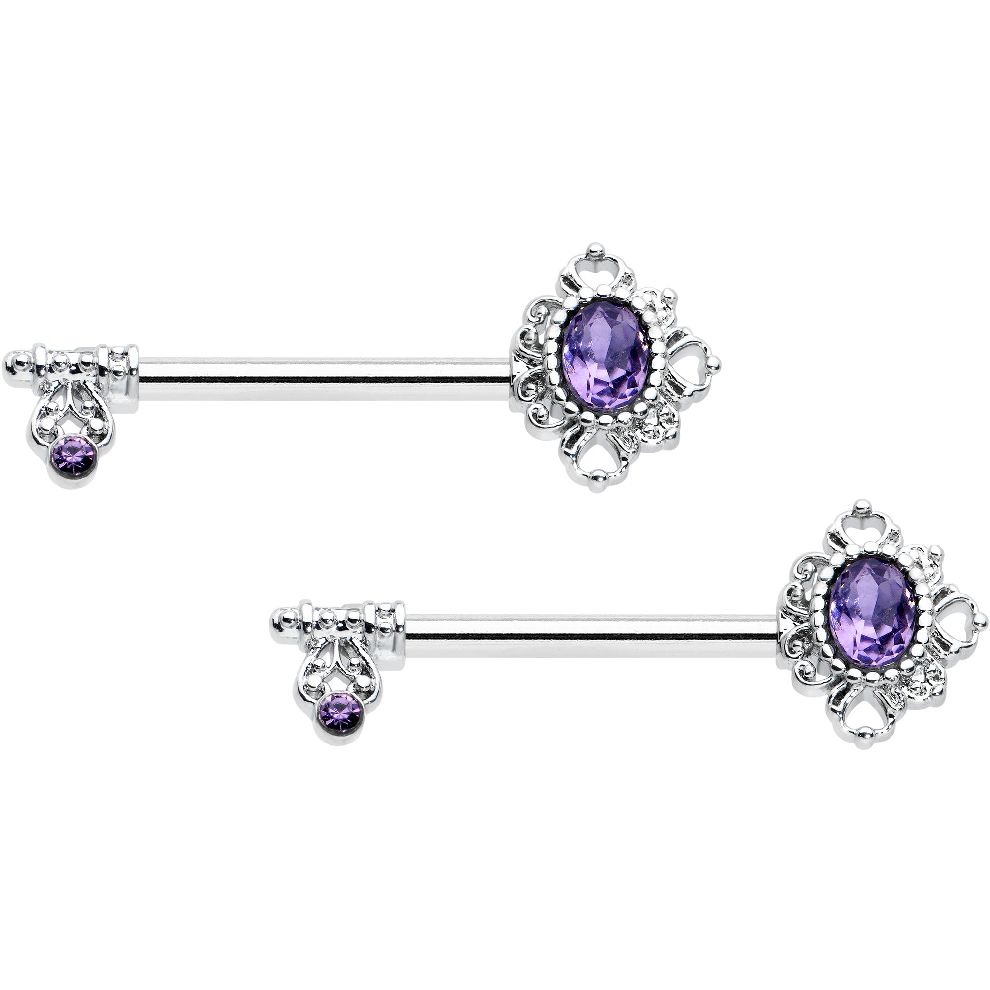 14G 9/16 Purple Gem Unlock My Heart Key Barbell Nipple Ring Set