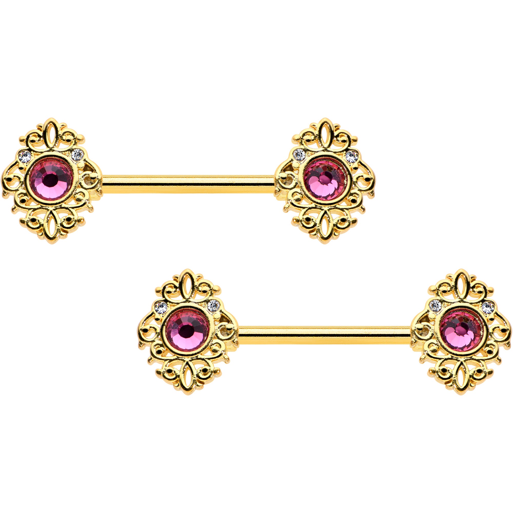 14G 9/16 Pink Gem Gold Hue Open Lace Love Barbell Nipple Ring Set