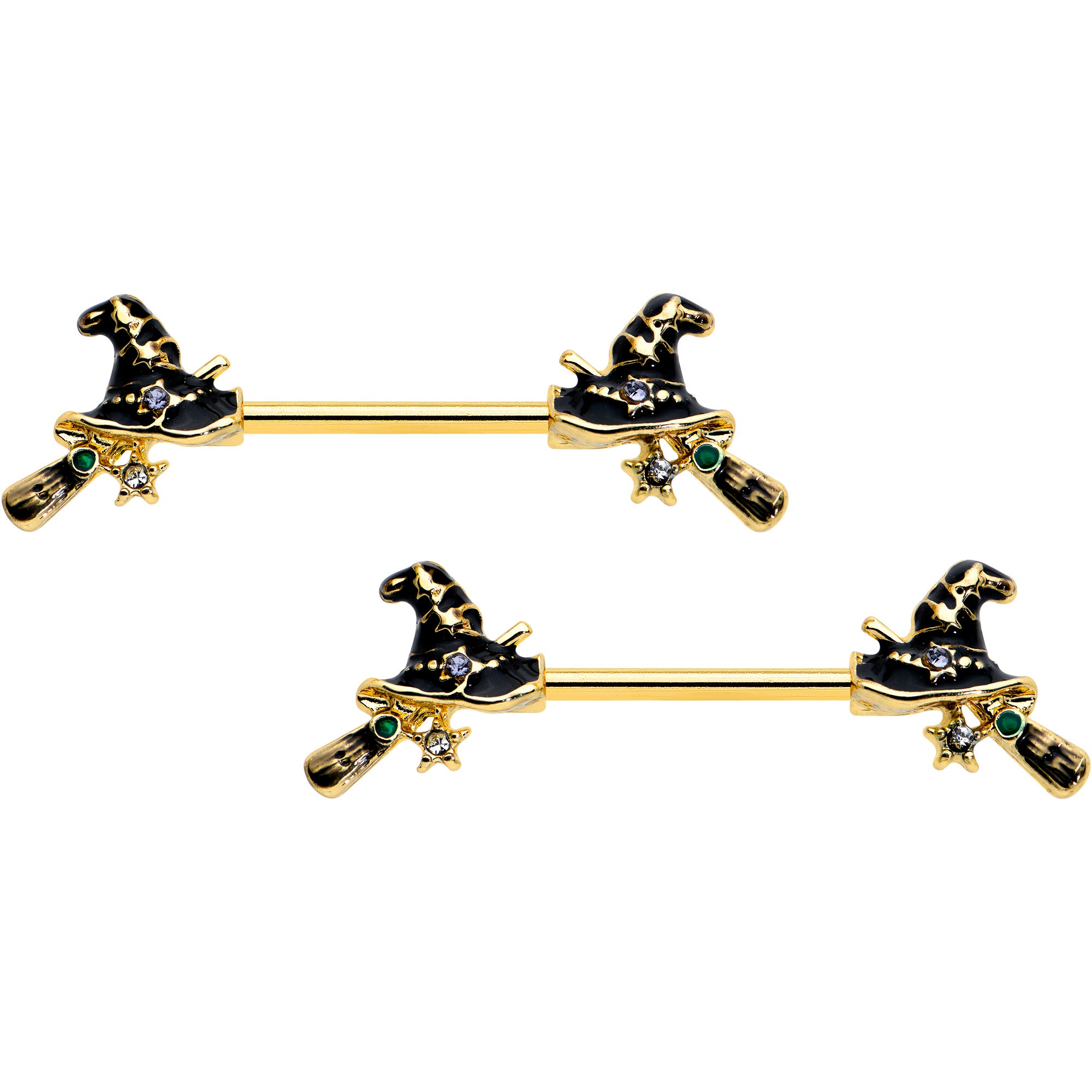 14G 9/16 Clear Gem Gold Tone Witch Hat Broom Nipple Ring Set