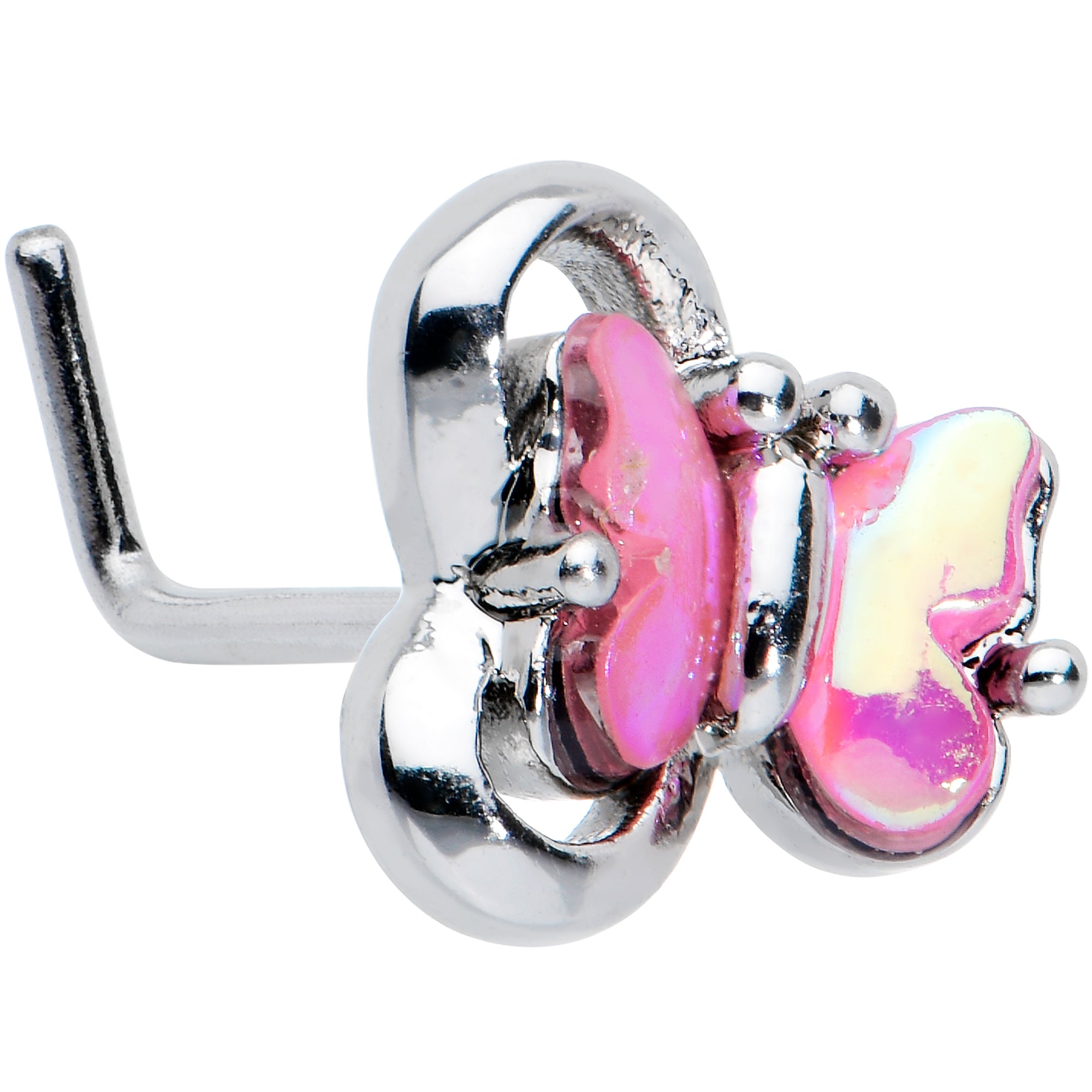 20G 7mm Heart Pink Butterfly L Shape Nose Ring