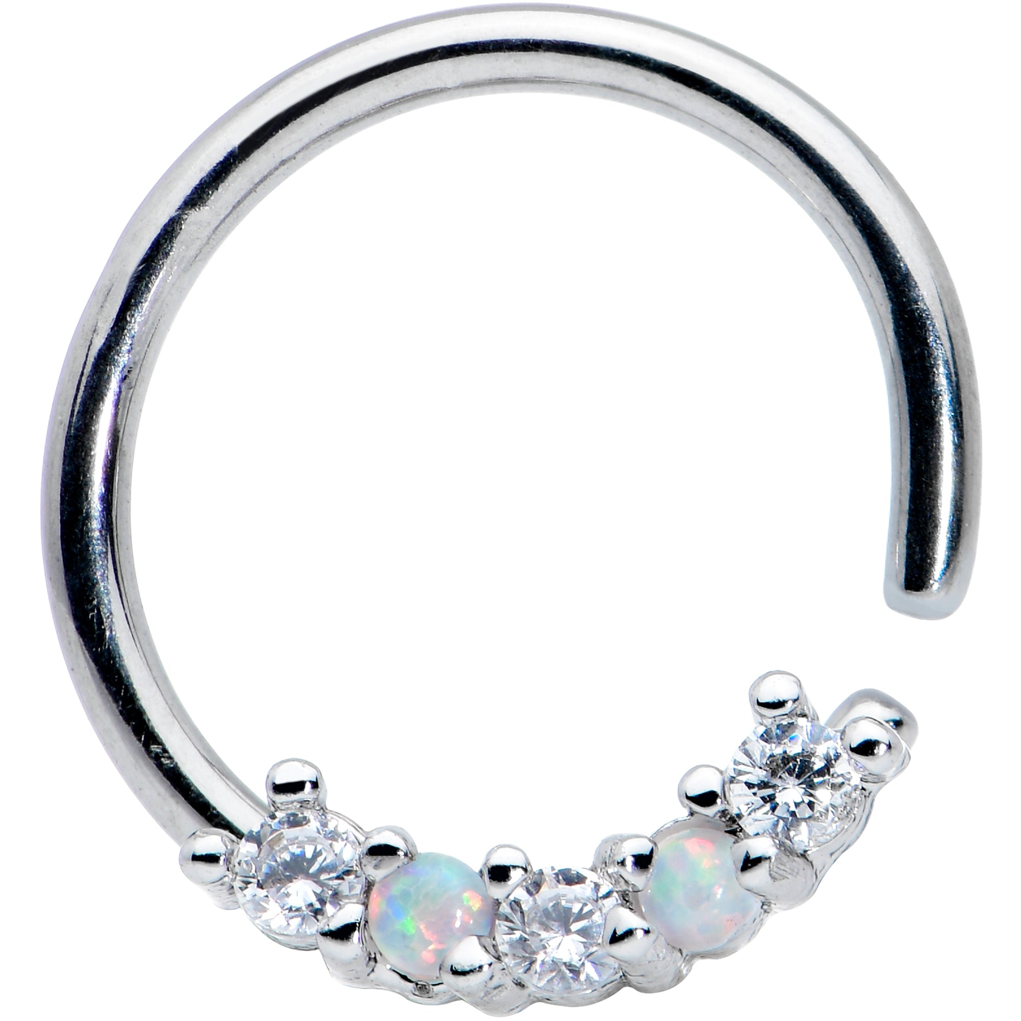 16G 3/8 White Synthetic Opal Clear CZ Gem Style Closure Ring