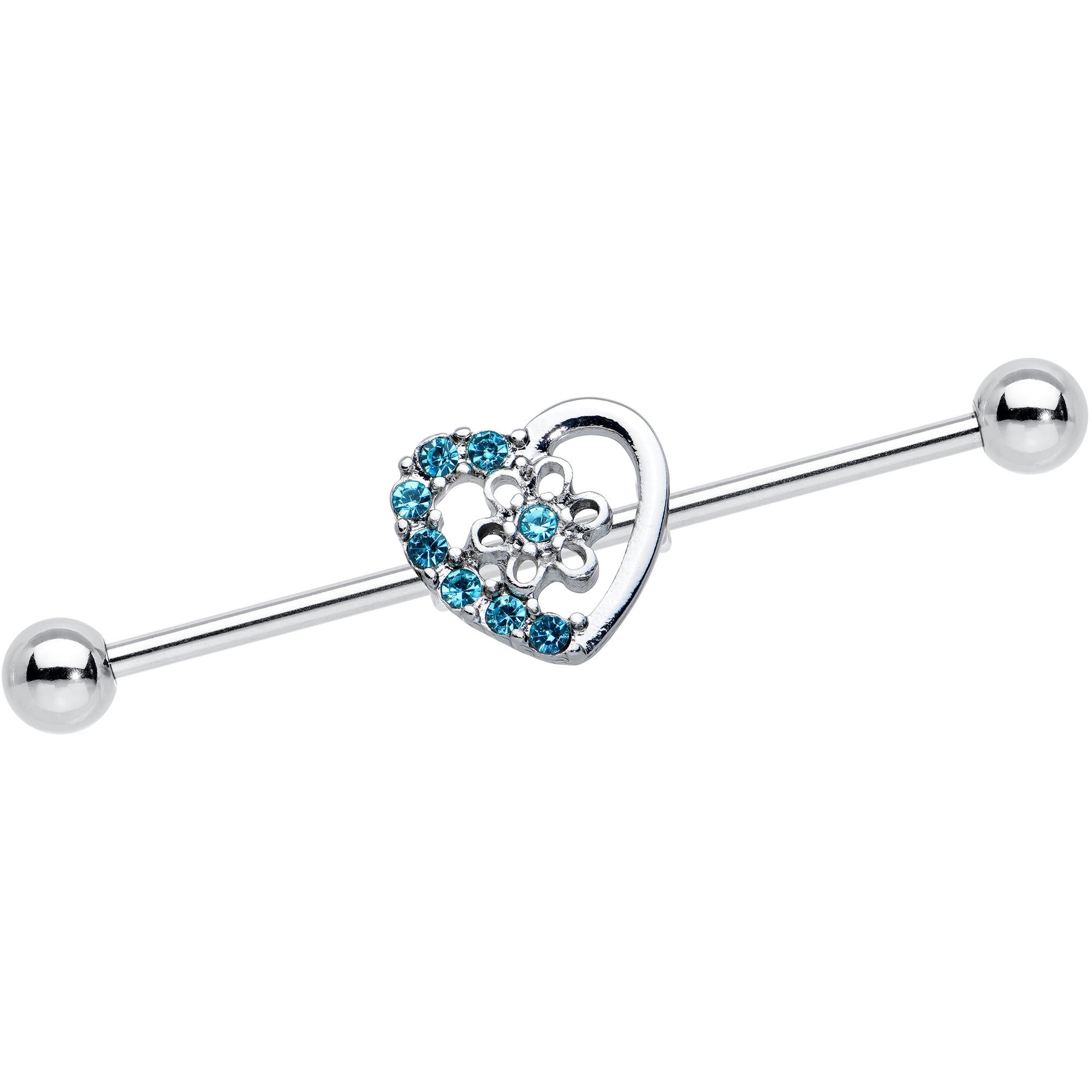 14G Blue Gem Floral Hollow Heart Industrial Barbell 38mm