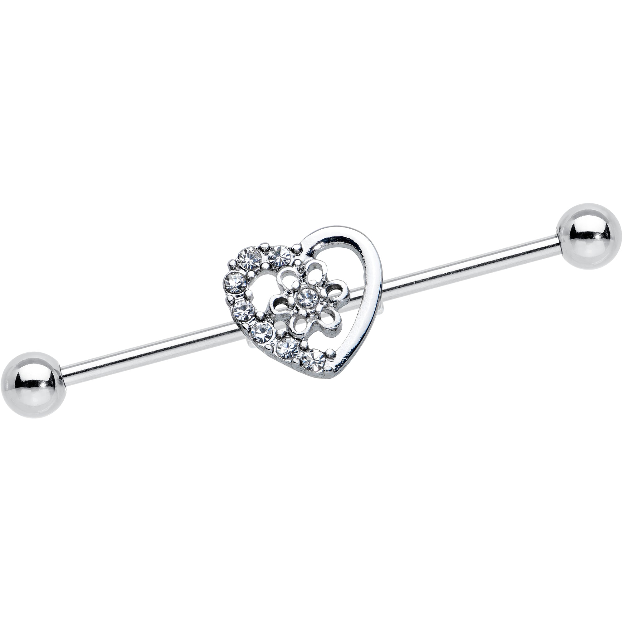 14G Clear Gem Floral Hollow Heart Industrial Barbell 38mm