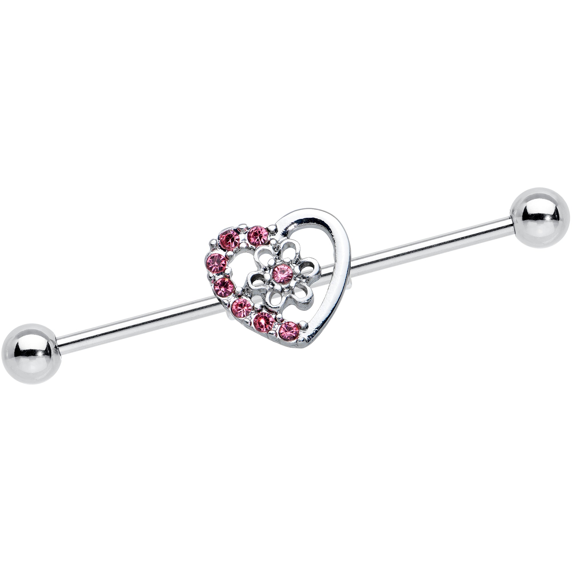 14G Pink Gem Floral Hollow Heart Industrial Barbell 38mm