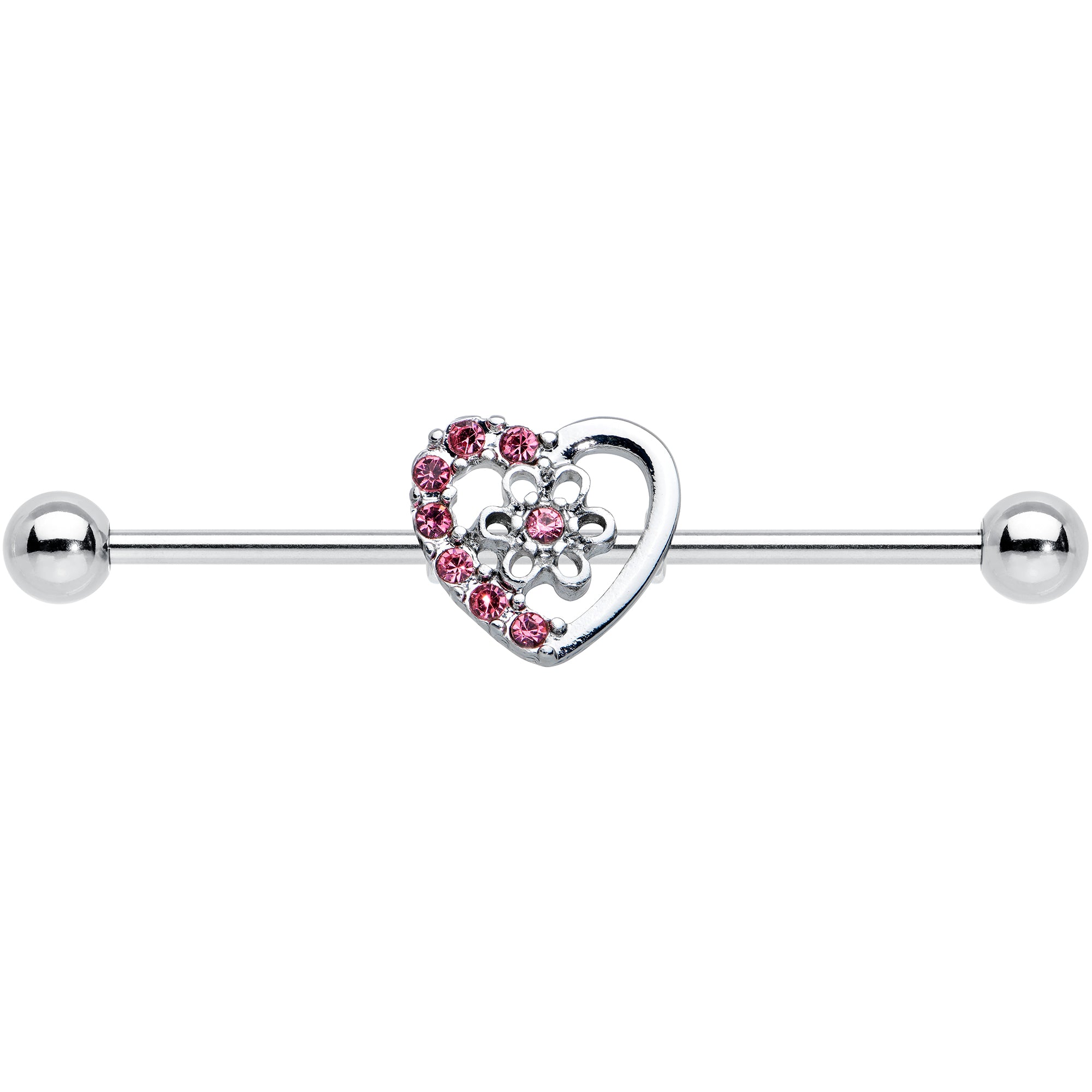 14G Pink Gem Floral Hollow Heart Industrial Barbell 38mm