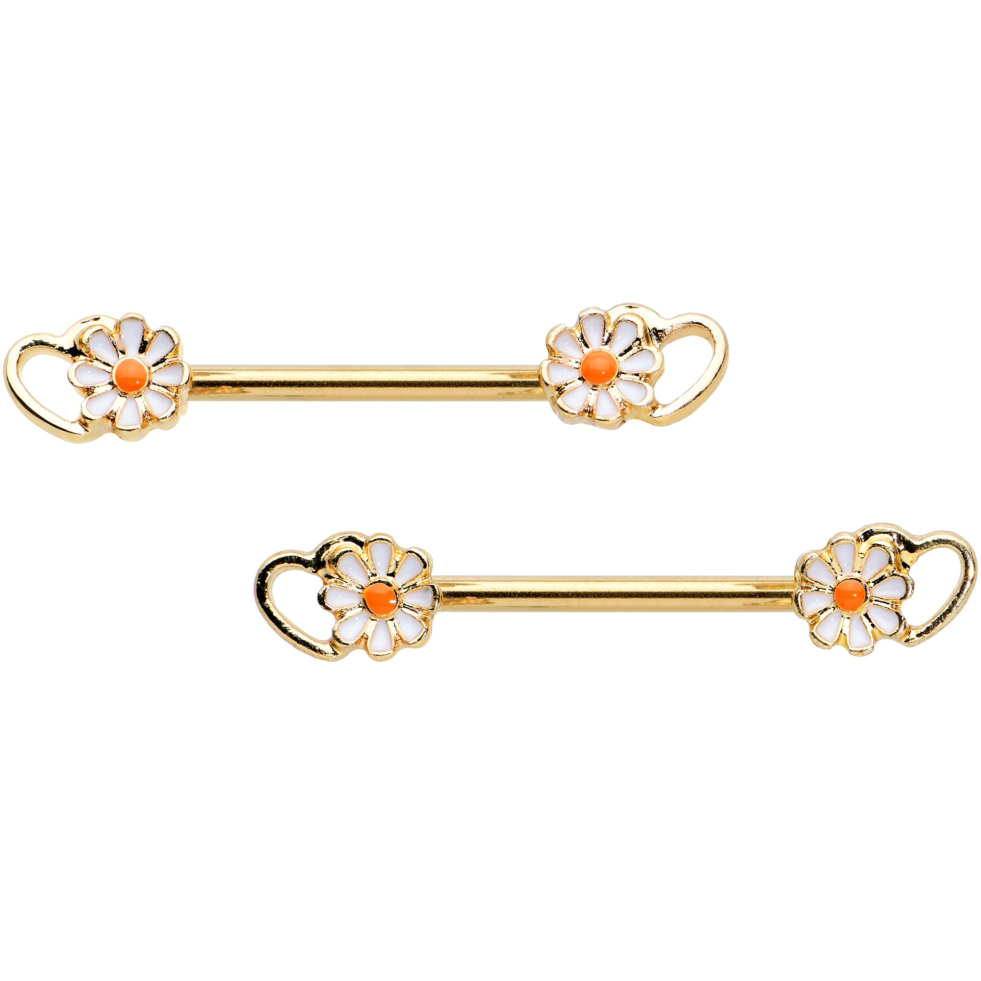 14G 9/16 Gold Tone Daisy Flower Heart Barbell Nipple Ring Set