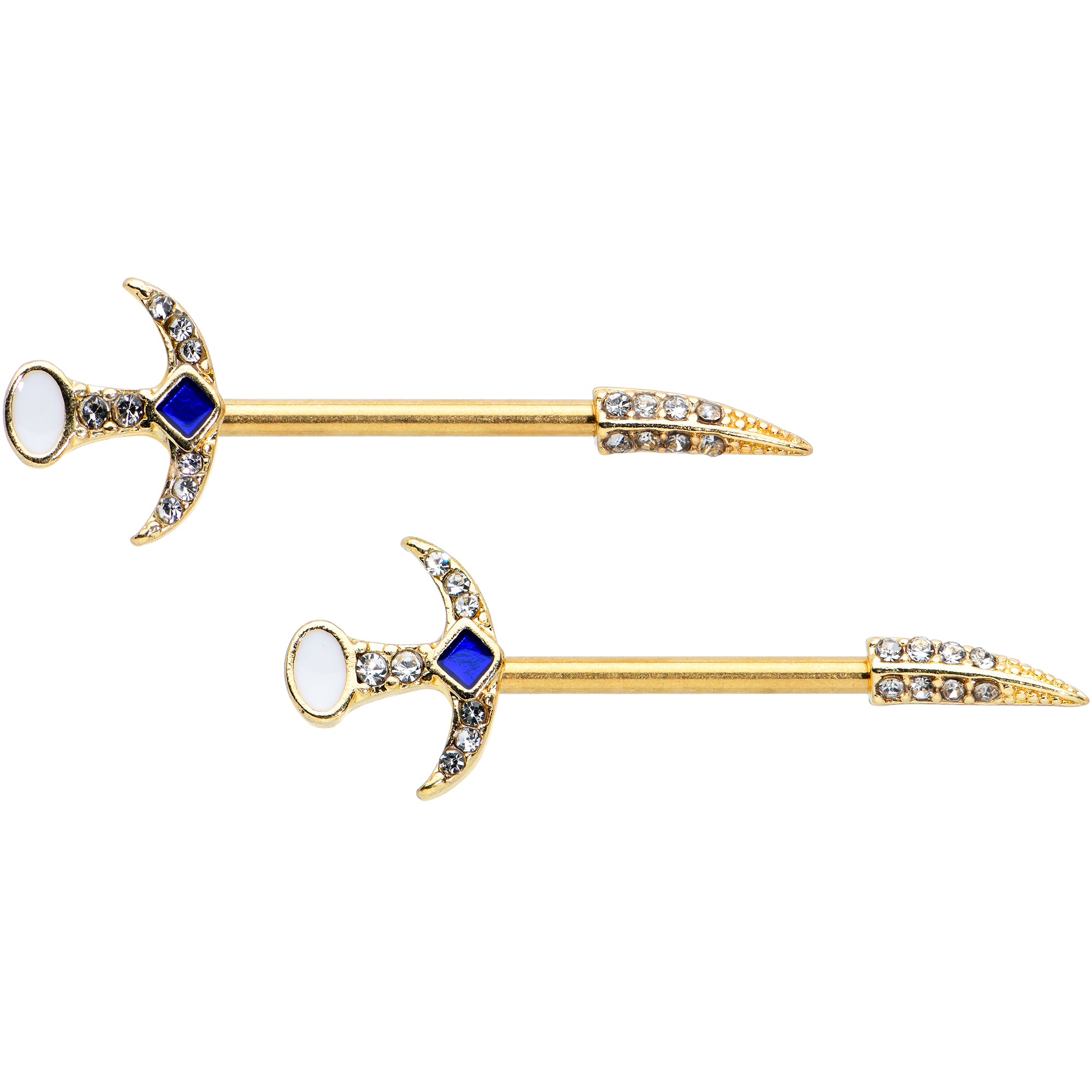 14G 9/16 Clear Gem Gold Tone Sabre Sword Barbell Nipple Ring Set