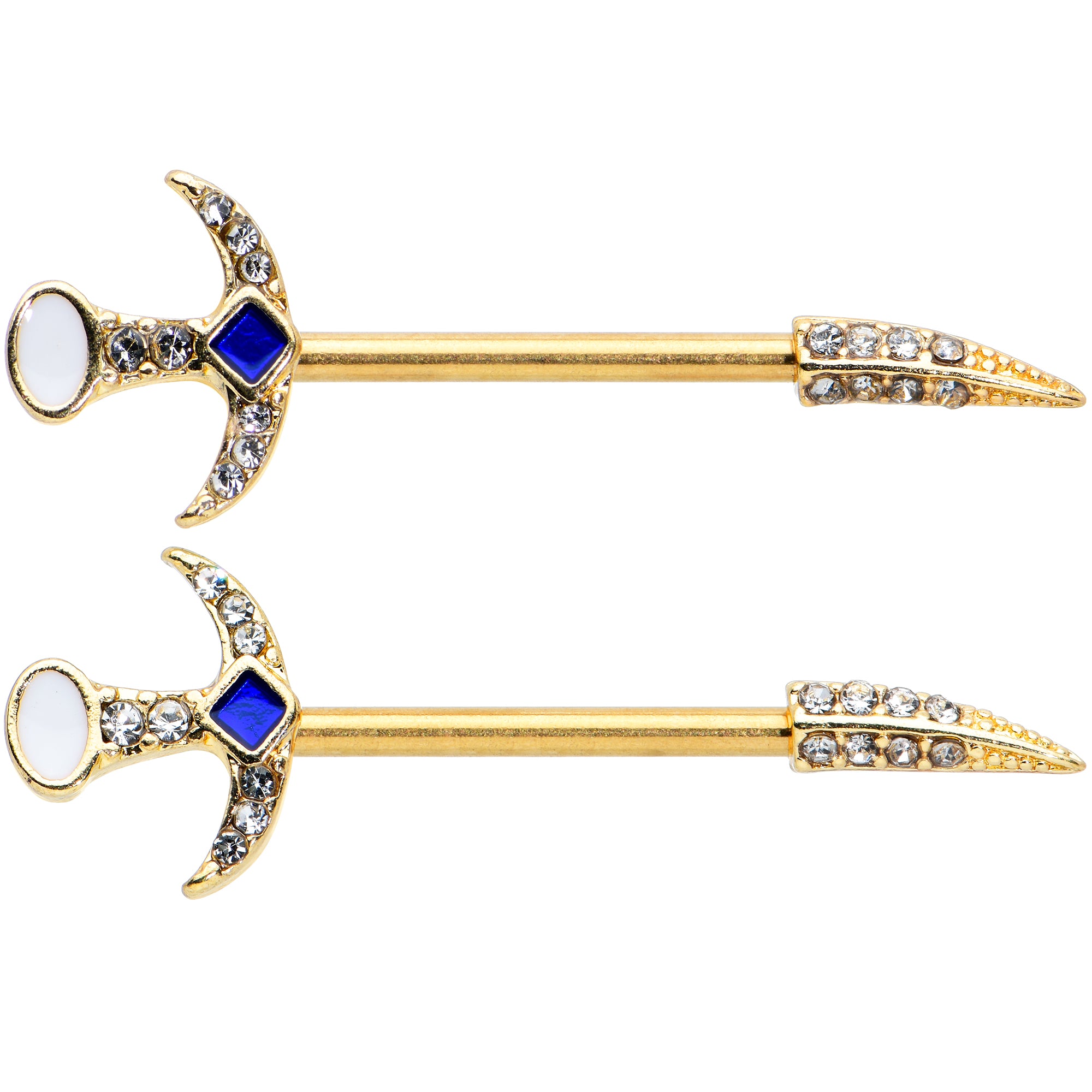 14G 9/16 Clear Gem Gold Tone Sabre Sword Barbell Nipple Ring Set