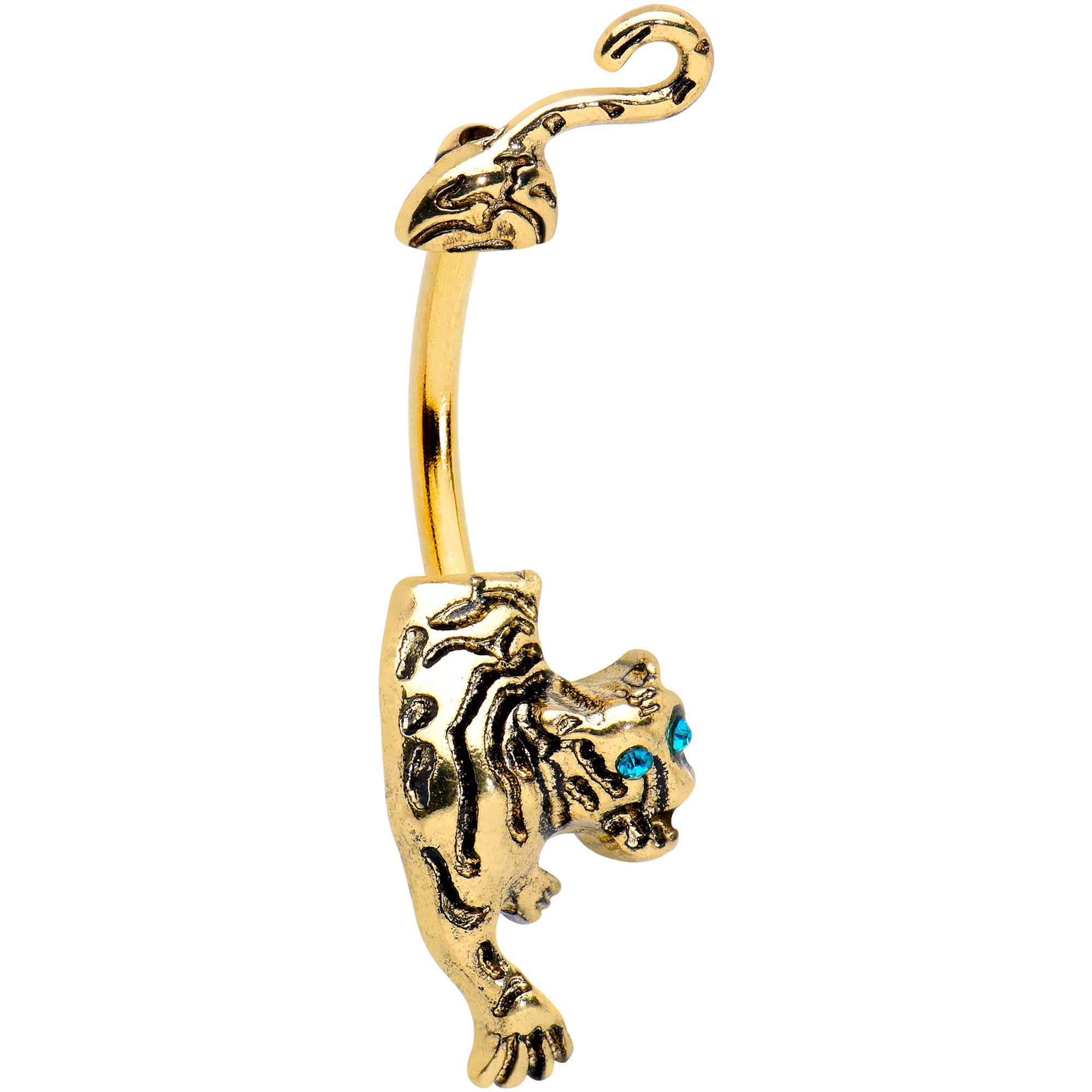 Blue Gem Gold Tone Prowling Tiger Double Mount Belly Ring