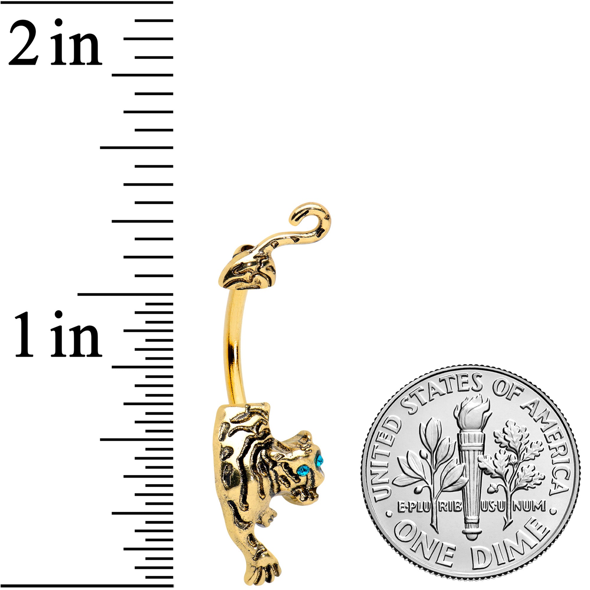 Blue Gem Gold Tone Prowling Tiger Double Mount Belly Ring