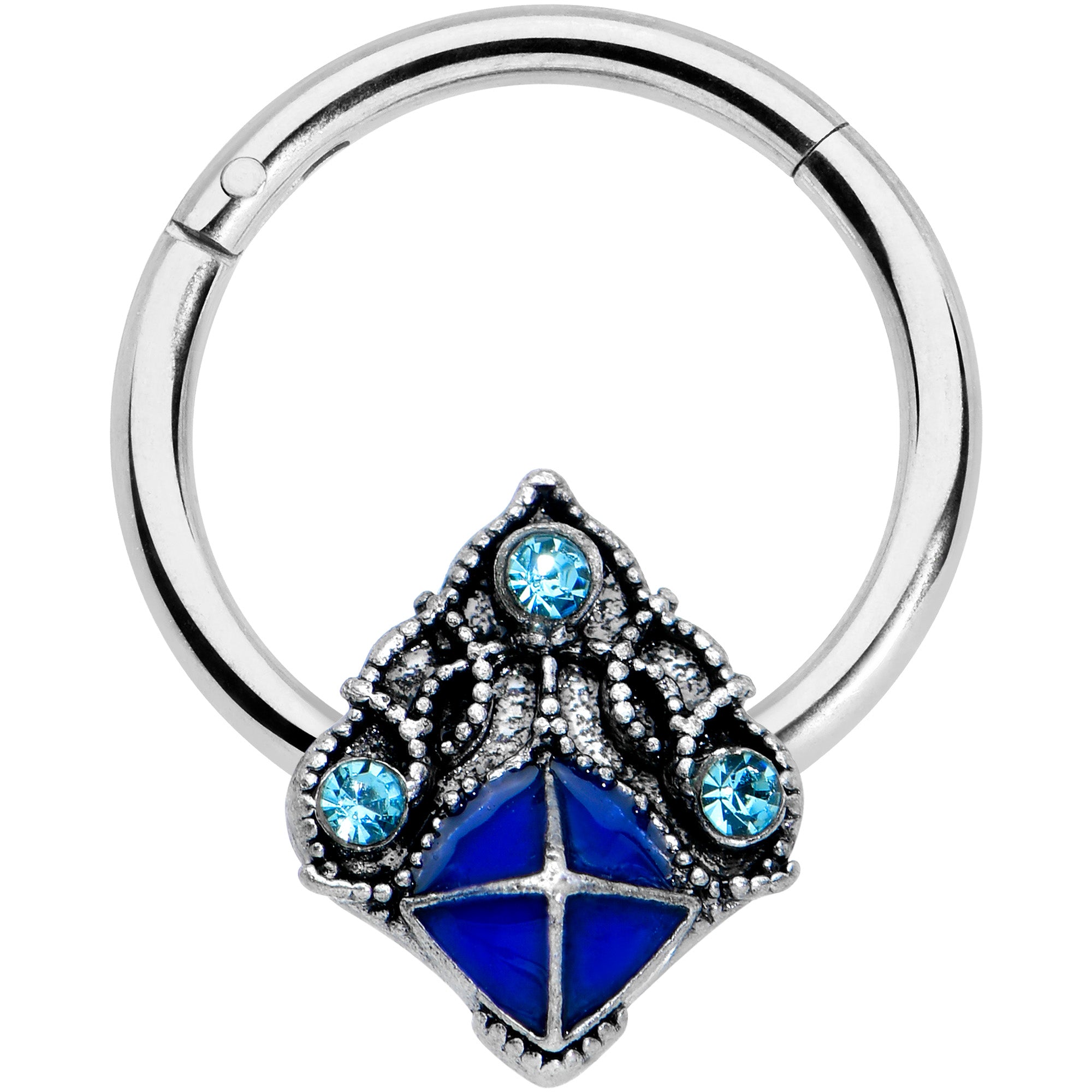 16G 3/8 Blue Gem Rococo Blue Hinged Segment Ring