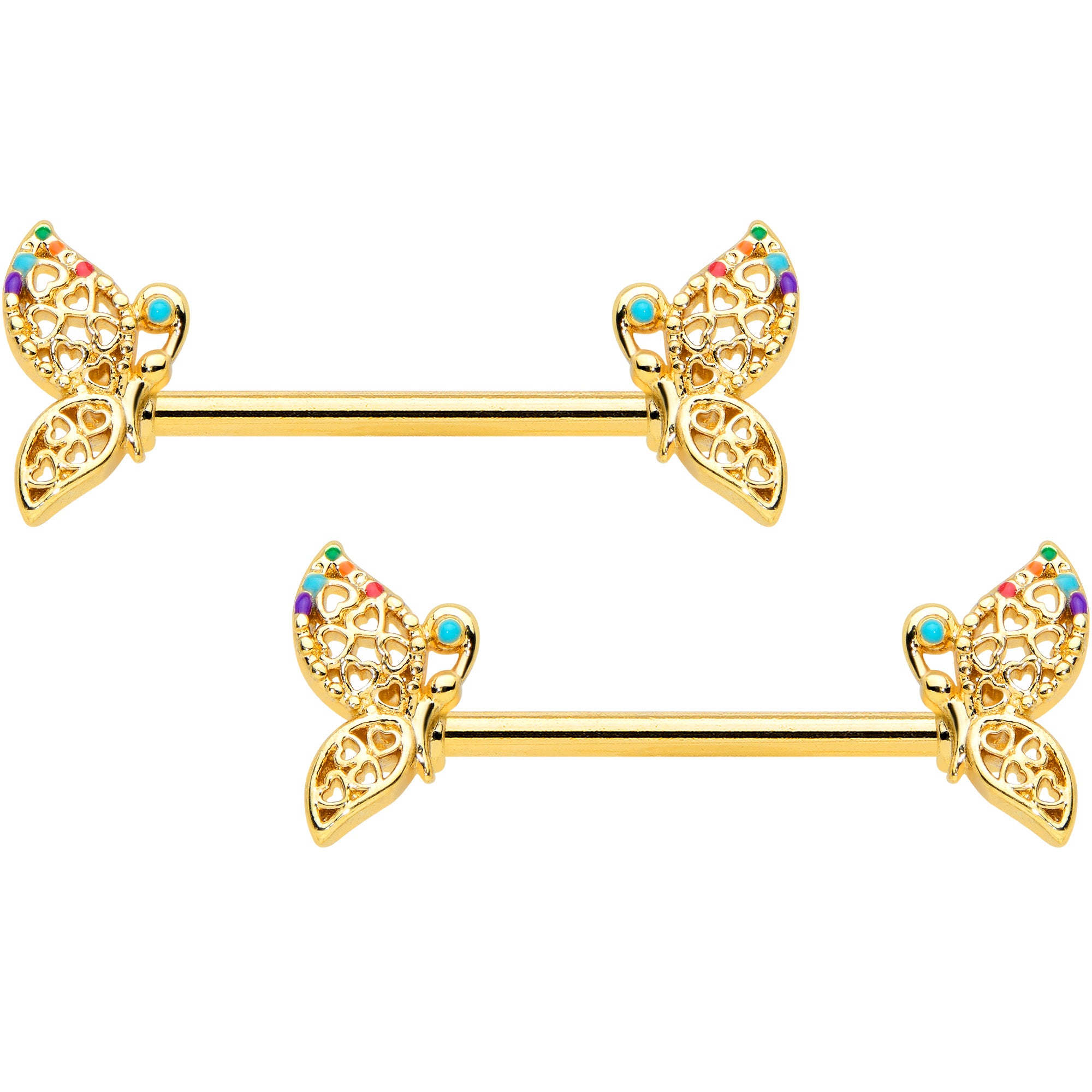 14G 9/16 Clear CZ Gem Gold Tone Heart Butterfly Nipple Ring Set