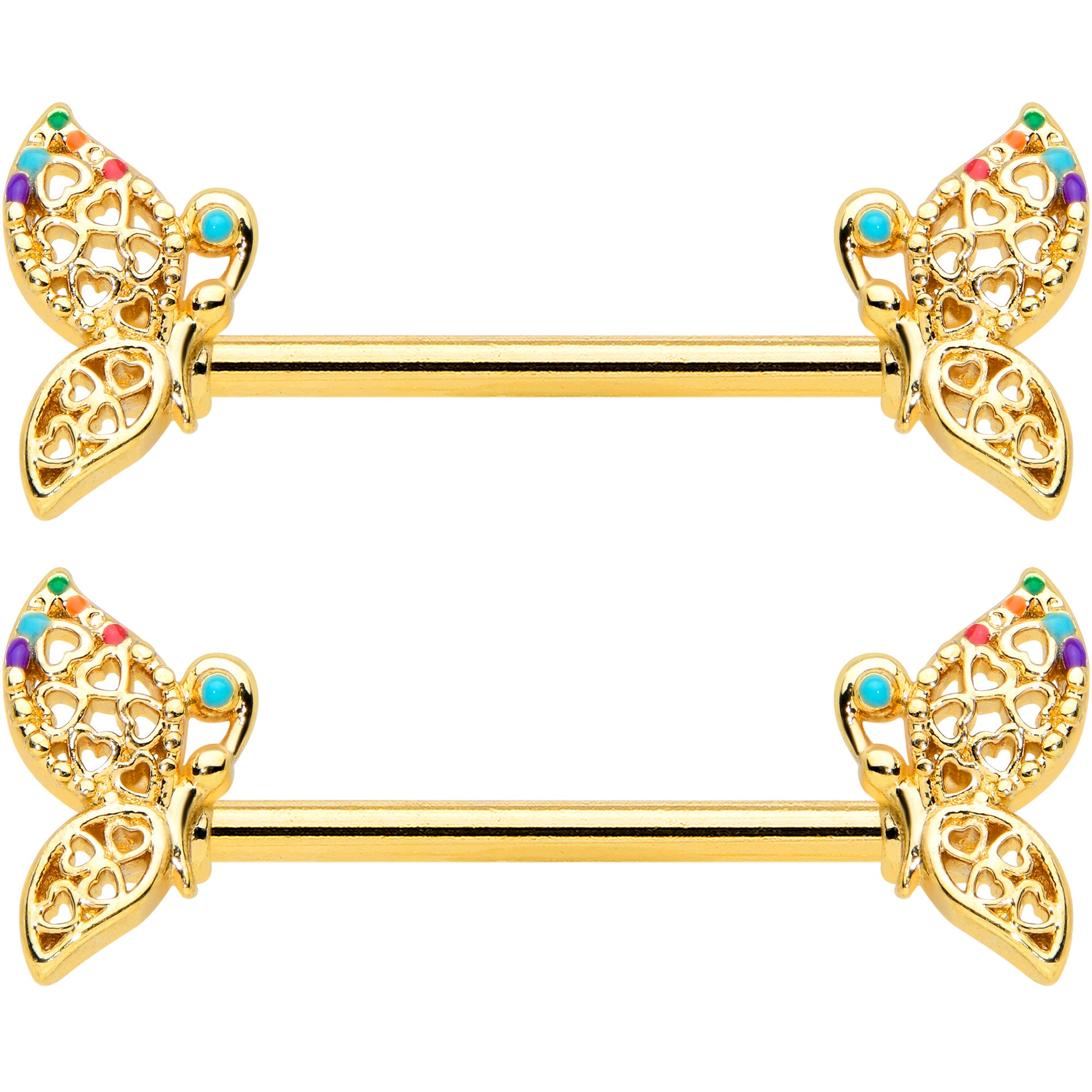 14G 9/16 Clear CZ Gem Gold Tone Heart Butterfly Nipple Ring Set