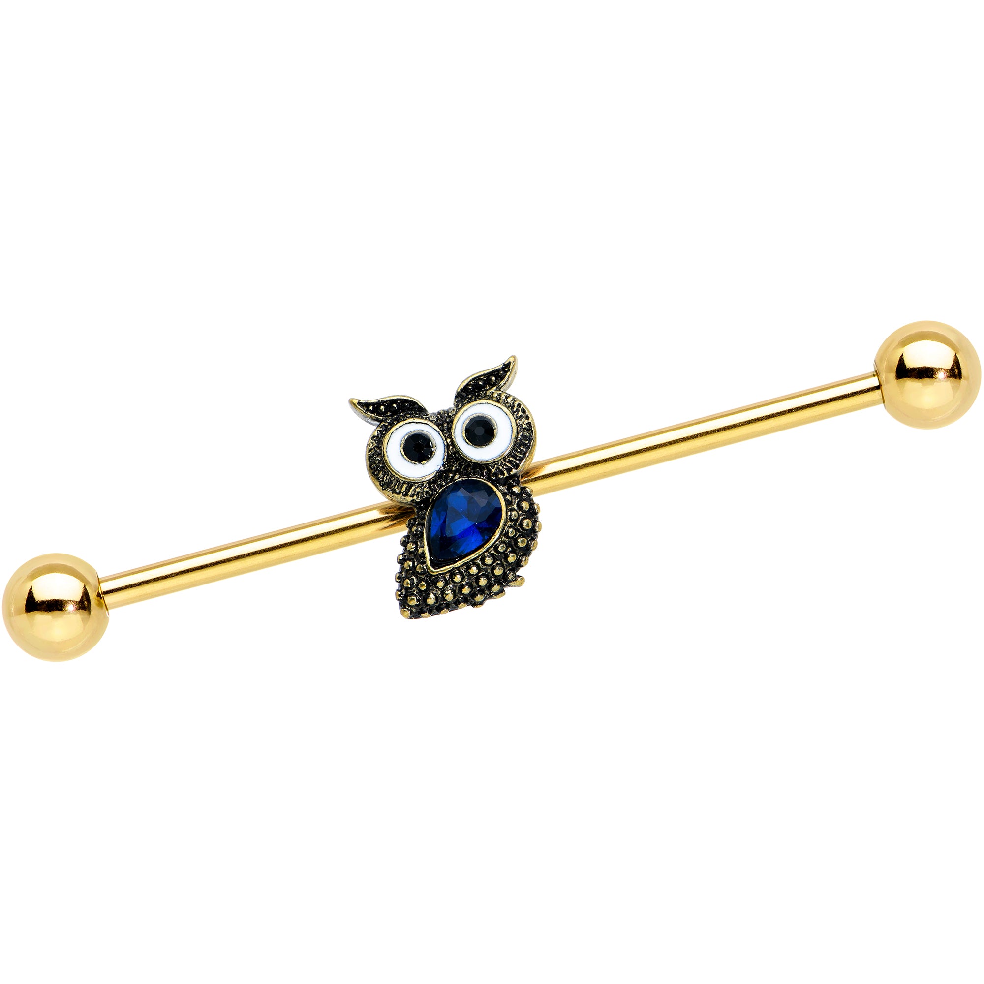 14G Blue Gem Gold Tone Wide Eyed Owl Industrial Barbell 38mm