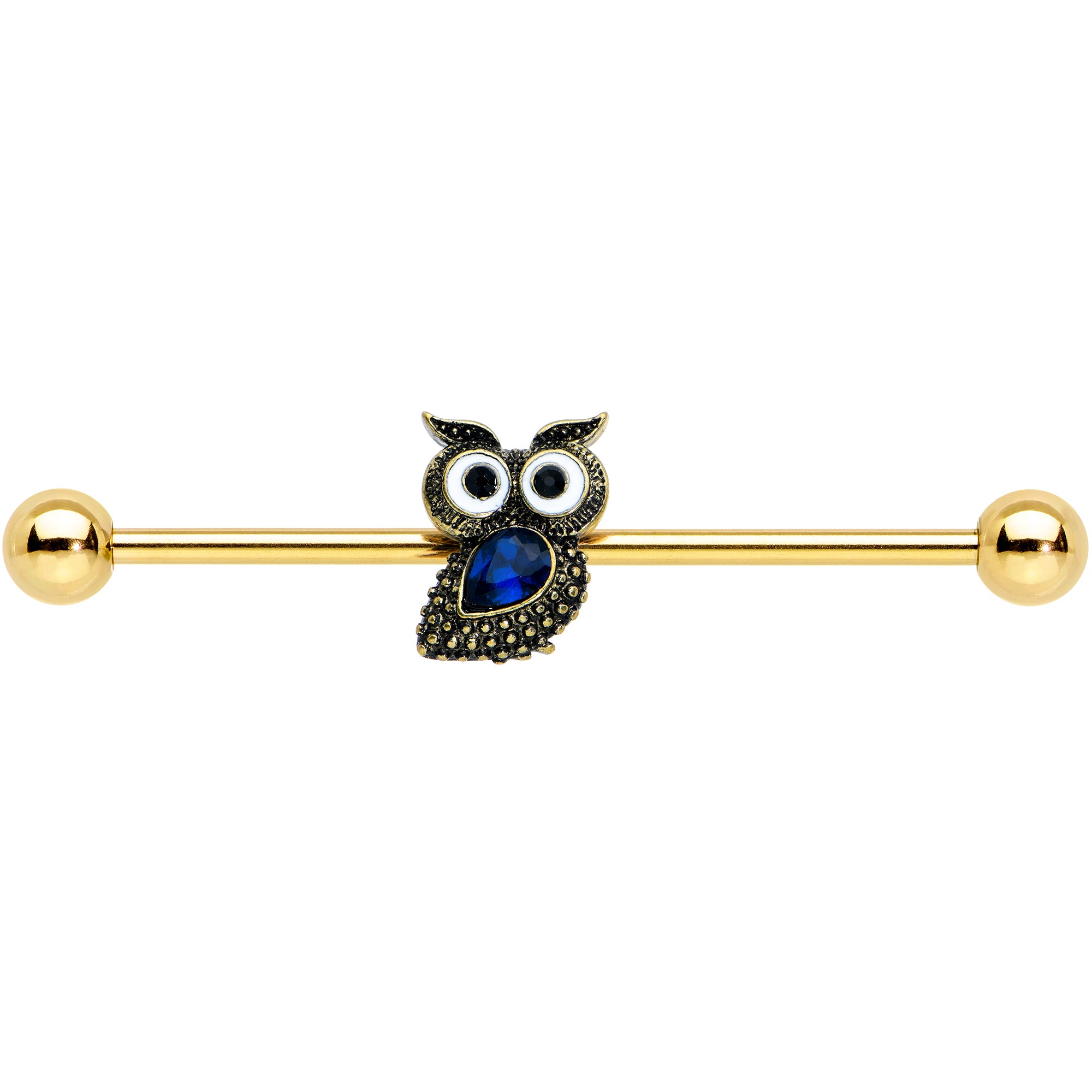 14G Blue Gem Gold Tone Wide Eyed Owl Industrial Barbell 38mm