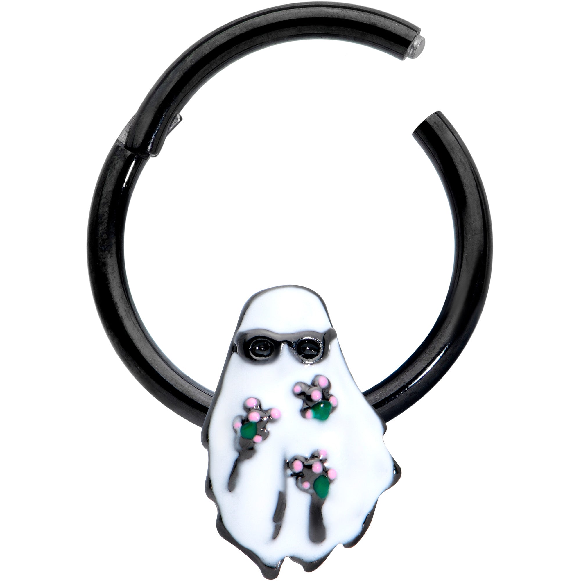 16G 3/8 Black Hipster Ghost Halloween Hinged Segment Ring