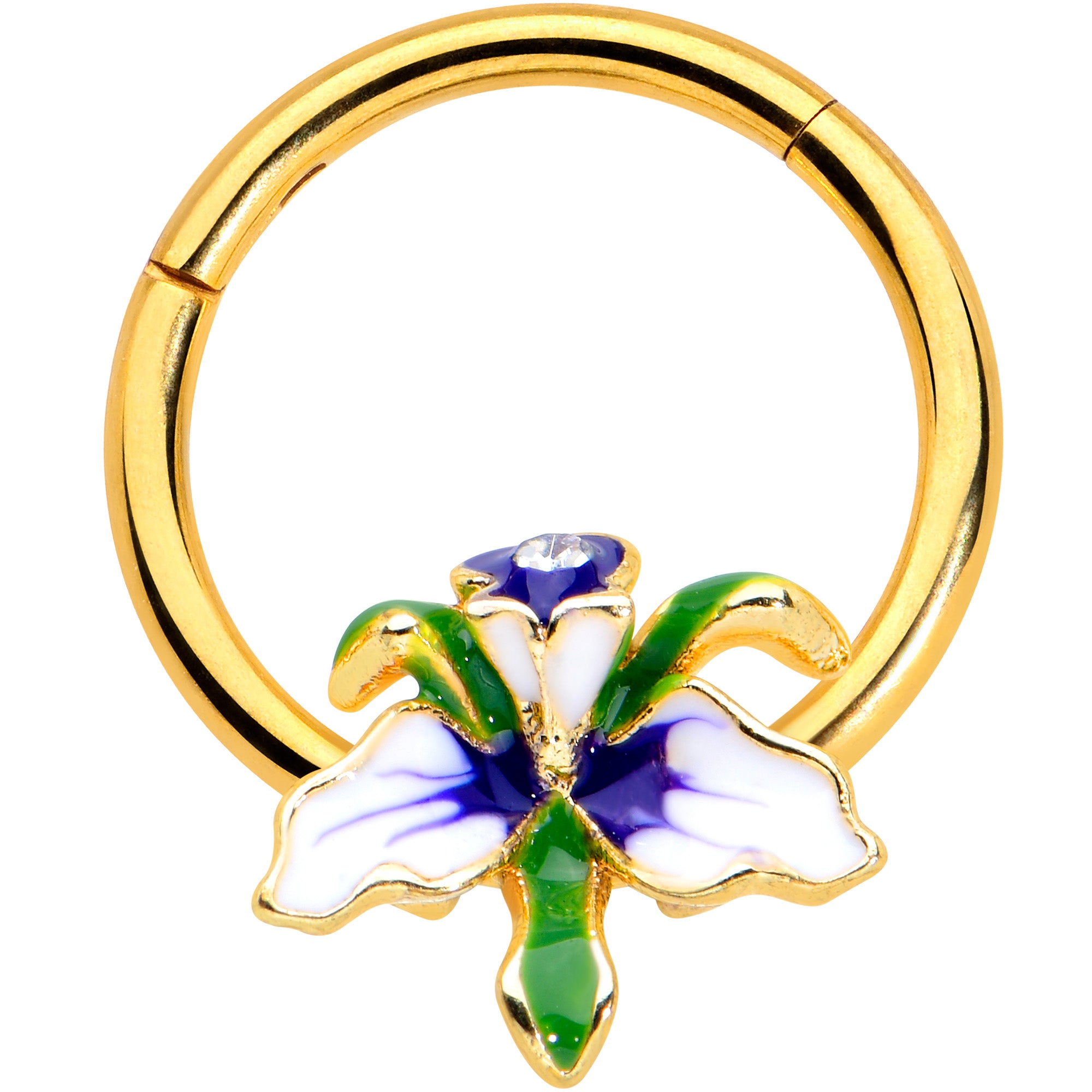 16G 3/8 Clear Gem Gold Tone Iris Flower Hinged Segment Ring