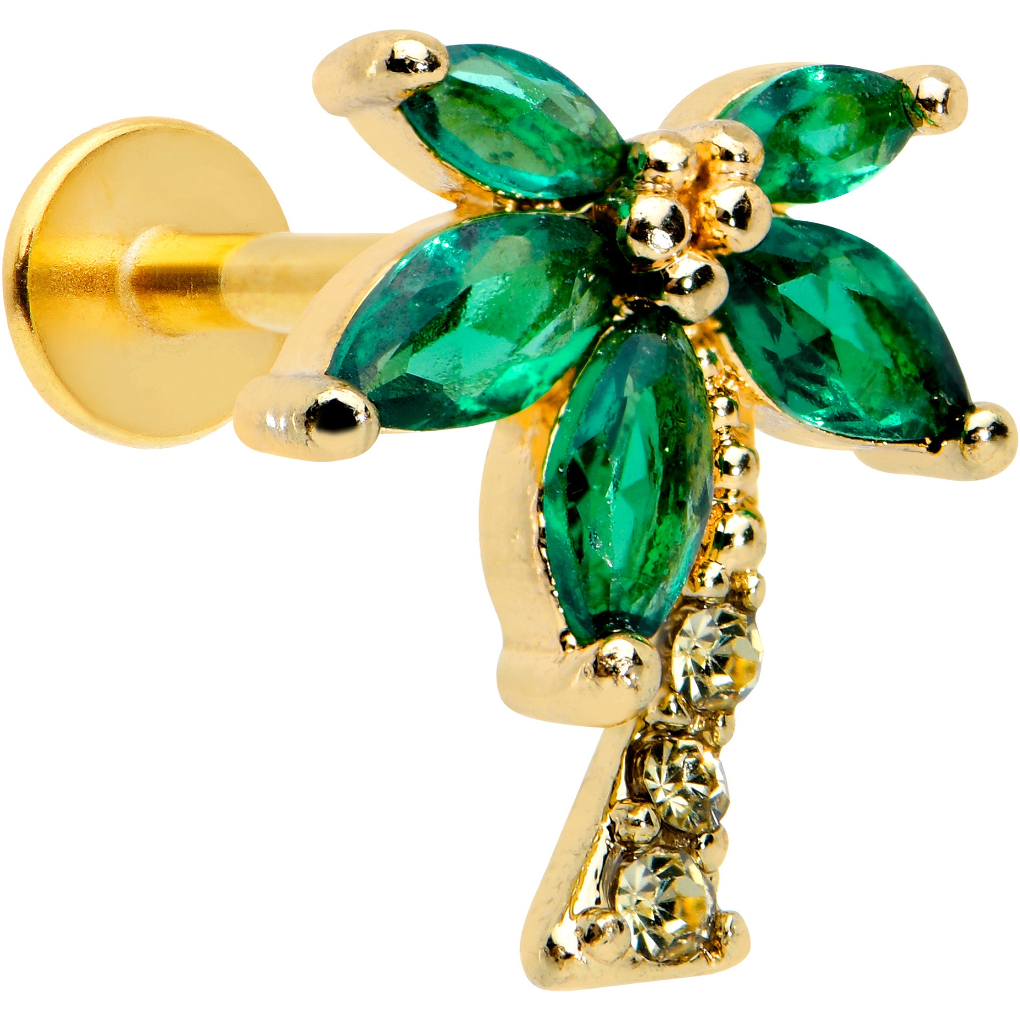 16G 5/16 Clear Green Gem Gold Tone Palm Tree Labret Monroe Tragus