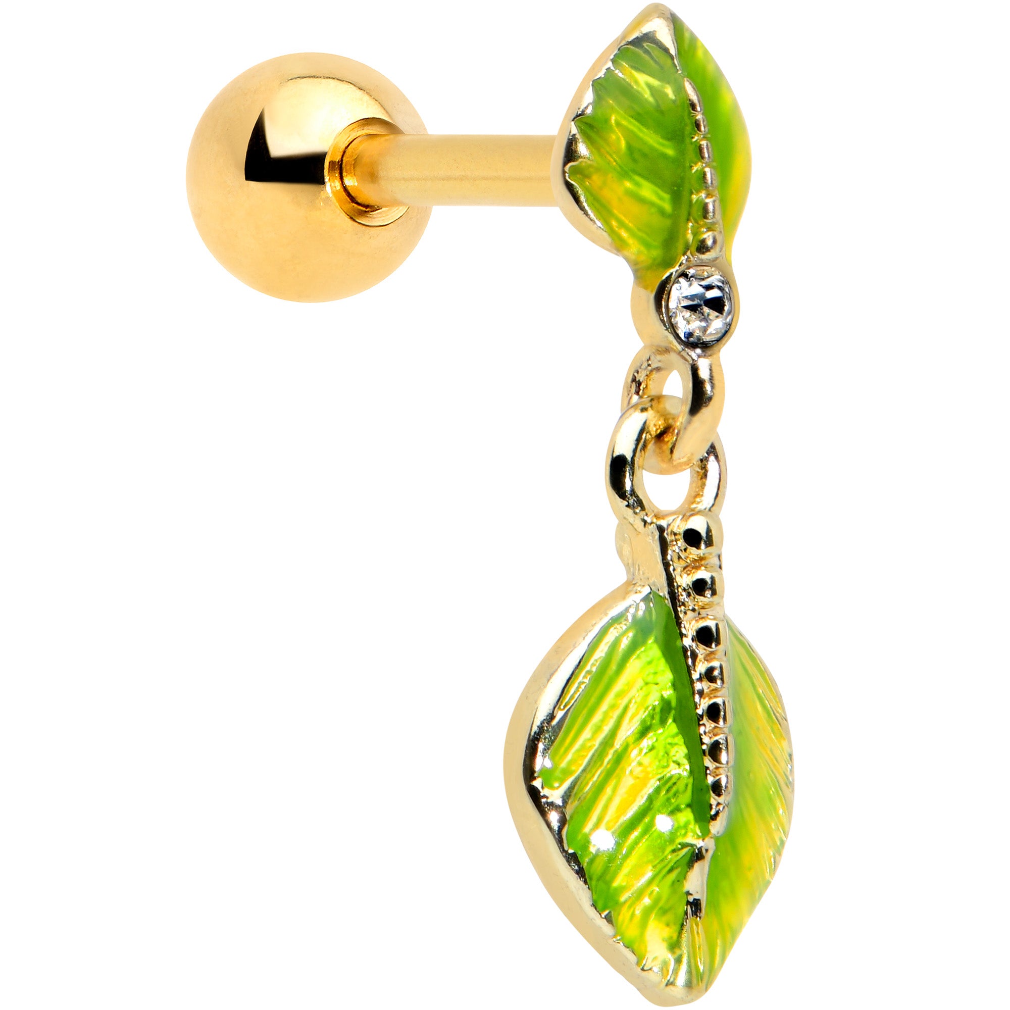 16G 1/4 Clear Gem Gold Tone Lush Leaves Dangle Cartilage Tragus