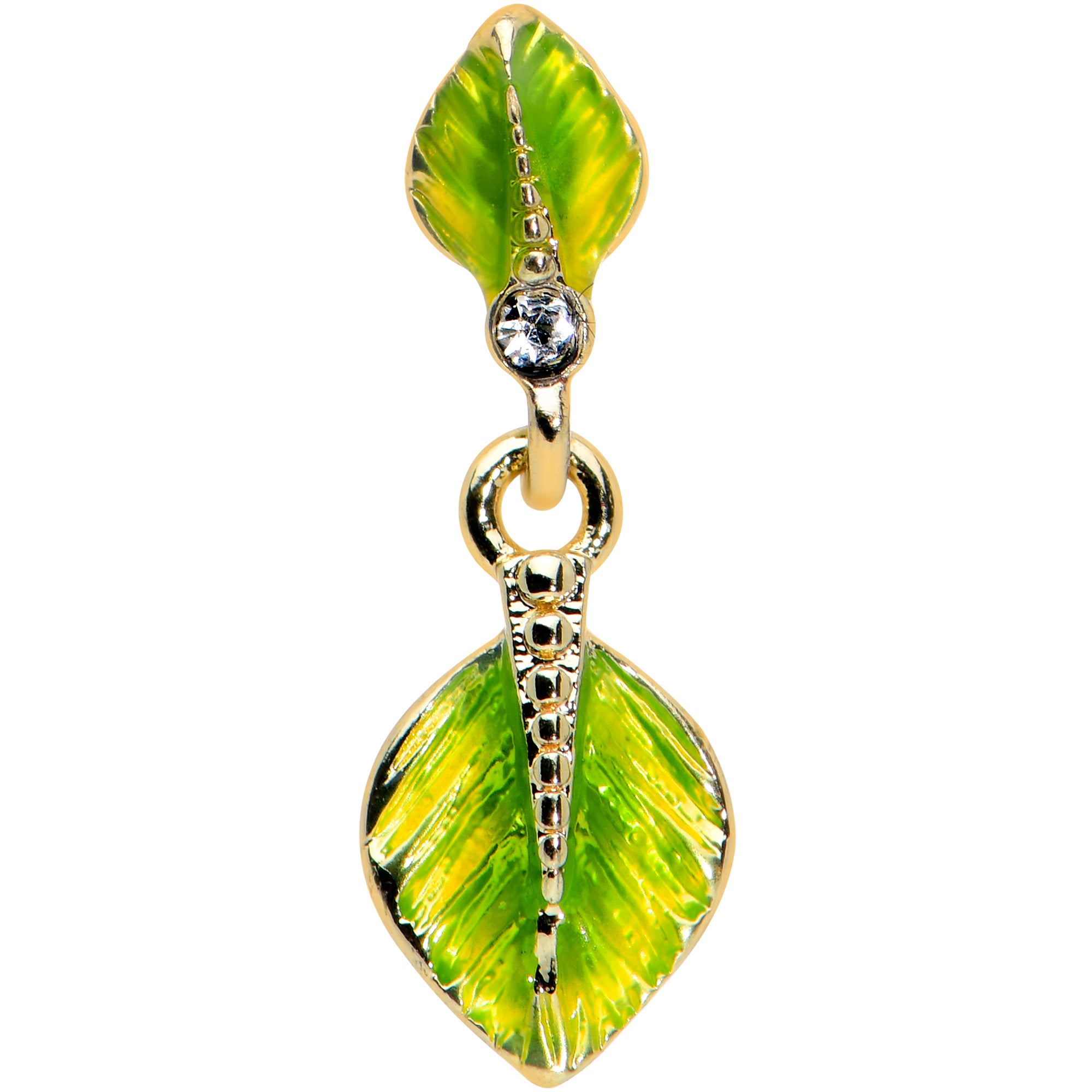 16G 1/4 Clear Gem Gold Tone Lush Leaves Dangle Cartilage Tragus