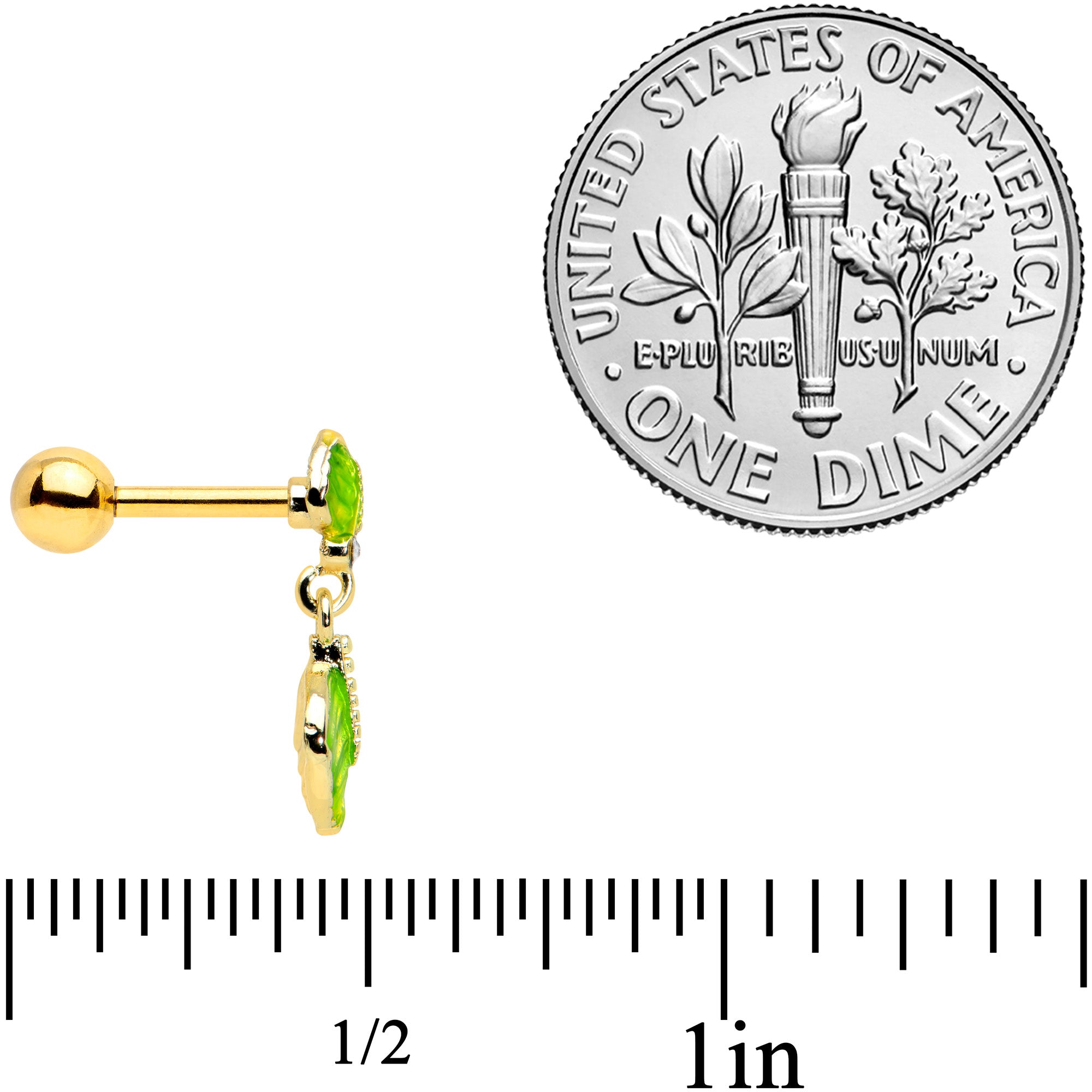 16G 1/4 Clear Gem Gold Tone Lush Leaves Dangle Cartilage Tragus