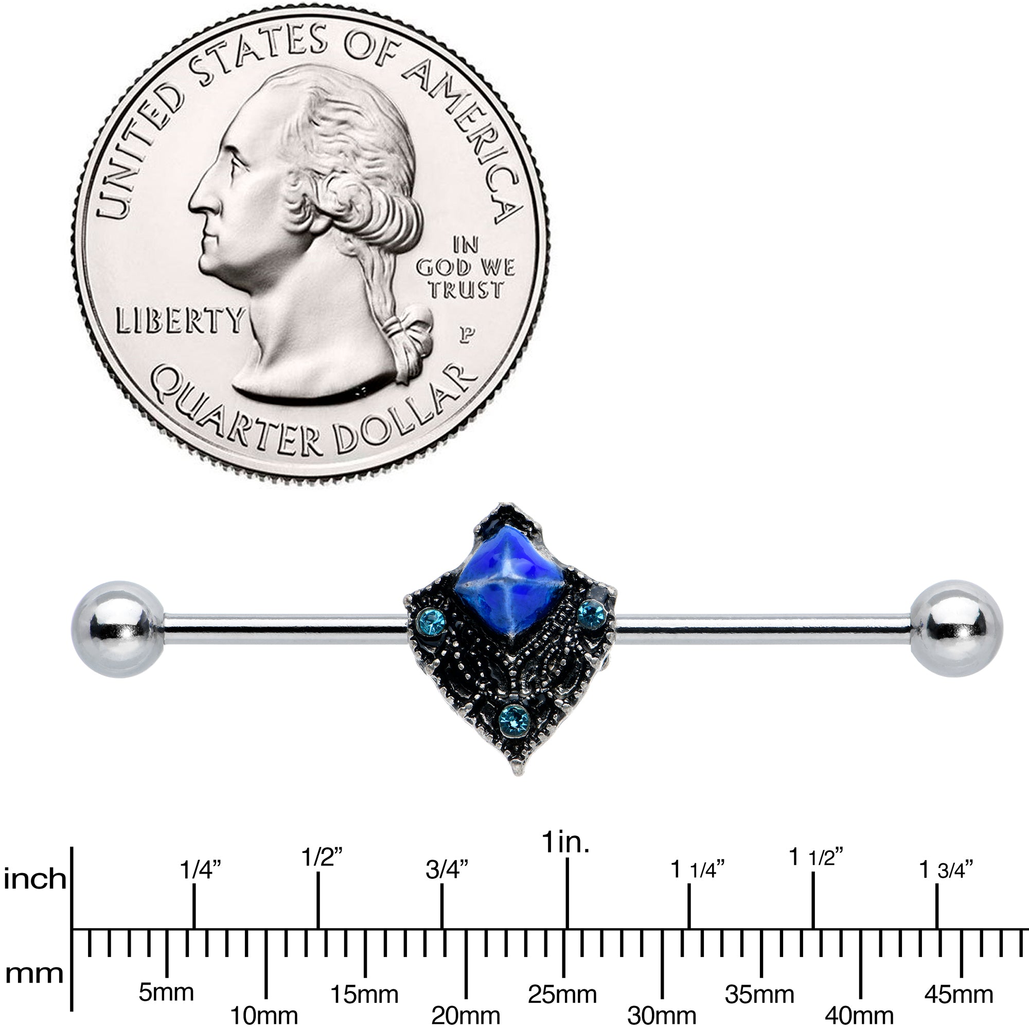 14G Blue Gem Rococo Blues Elegant Industrial Barbell 38mm