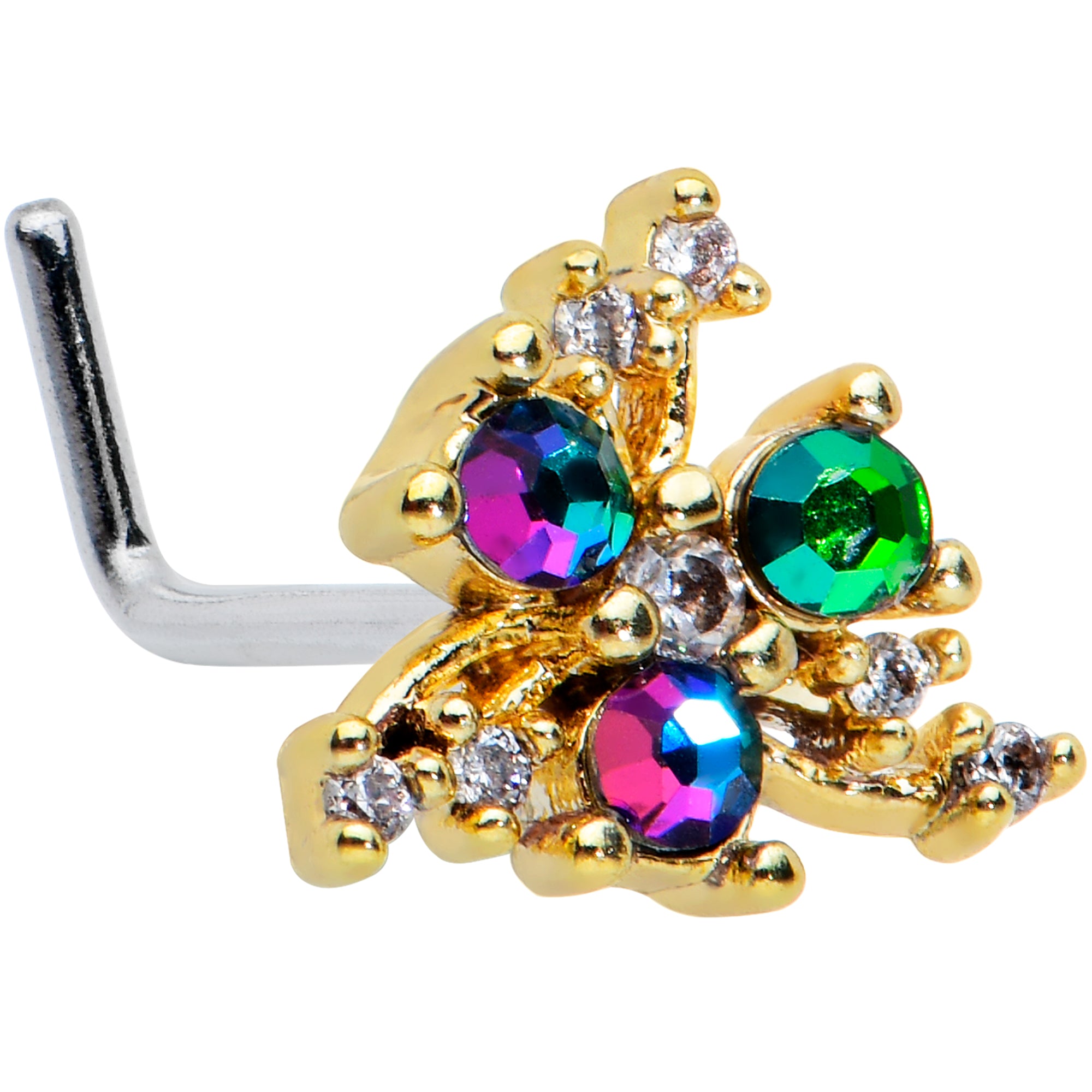 20G 7mm Purple Tourmaline Gold Tone Spray L Shape Nose Ring