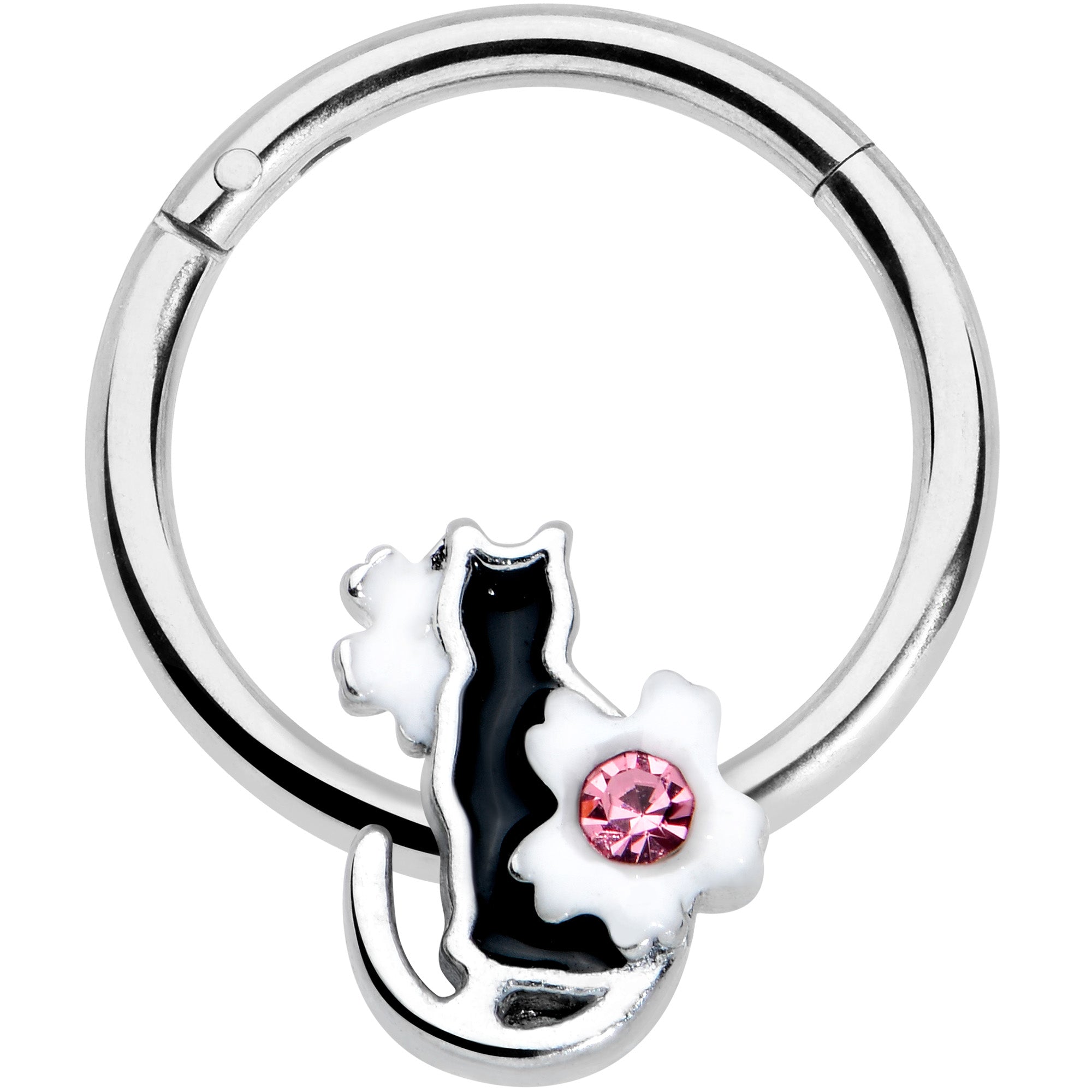 16G 3/8 Pink Gem Black Cat White Flowers Hinged Segment Ring