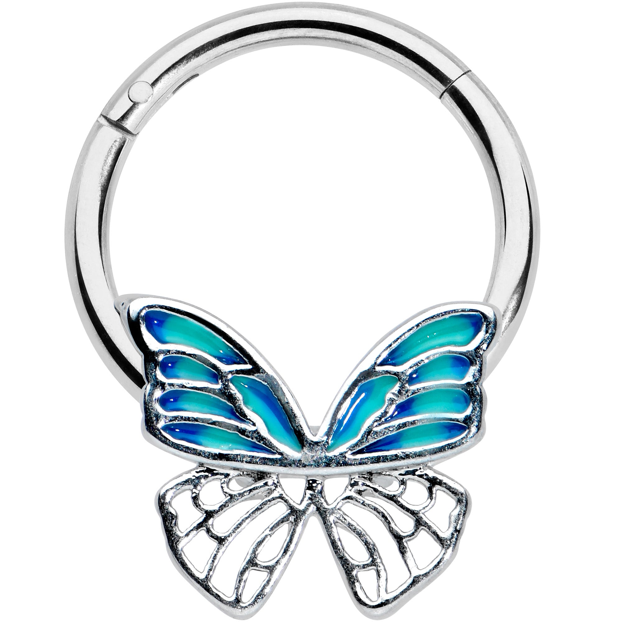 16G 3/8 Simple Blue Butterfly Wings Hinged Segment Ring