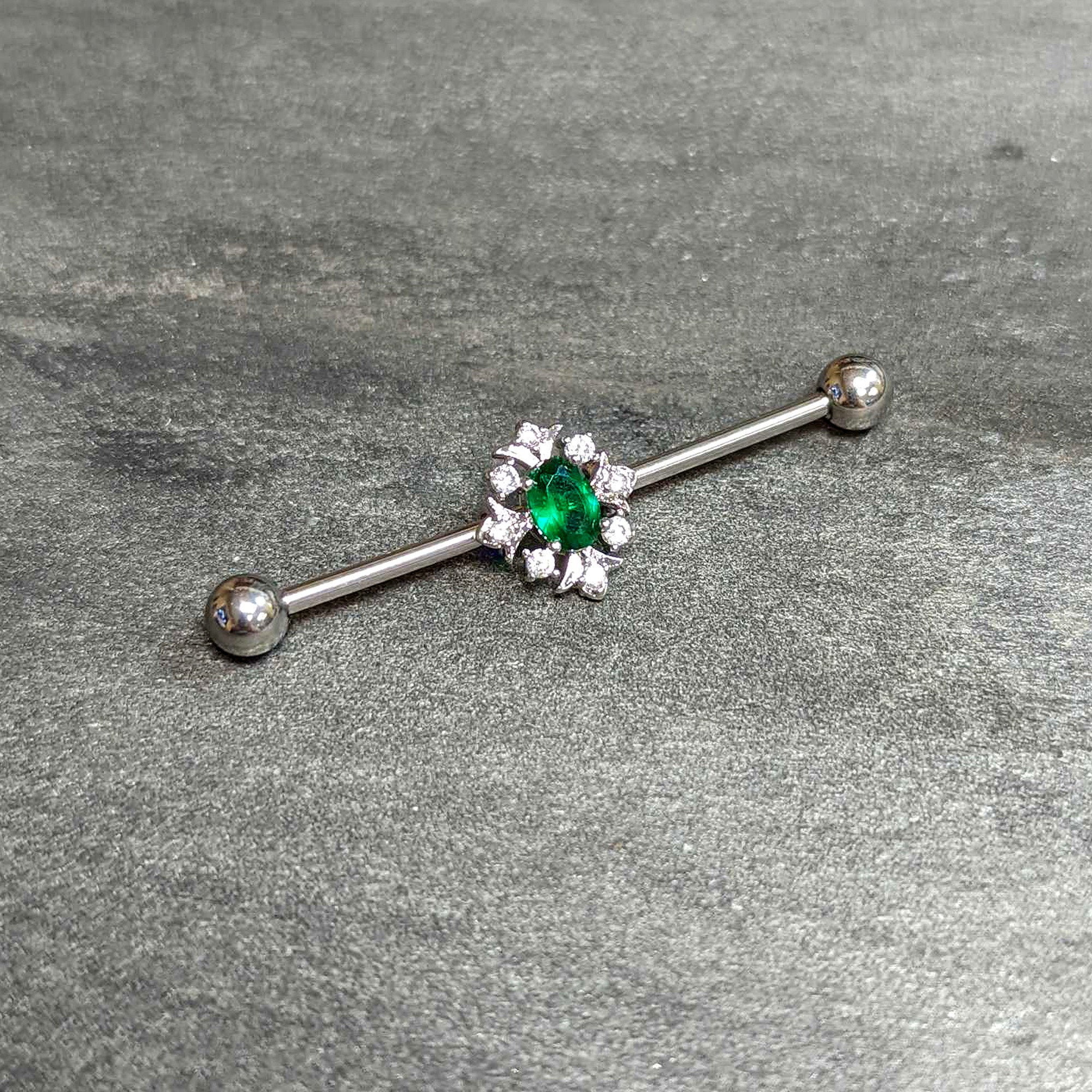 14G Clear Green Gem Ornate Art Deco Industrial Barbell 38mm