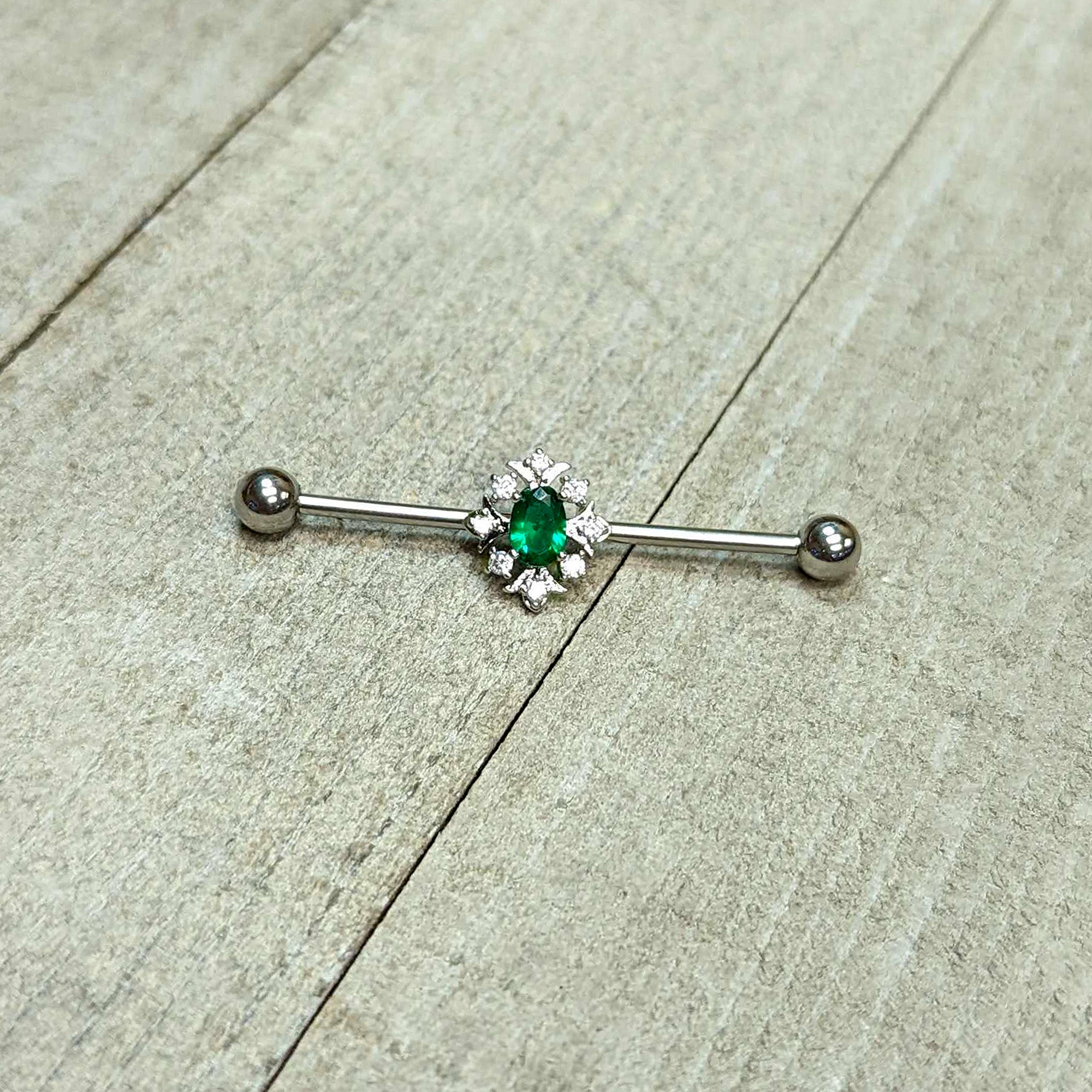 14G Clear Green Gem Ornate Art Deco Industrial Barbell 38mm